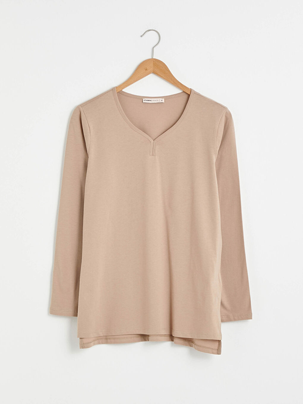 Bej V Yaka Basic Uzun Kollu Kadın Tişört-9