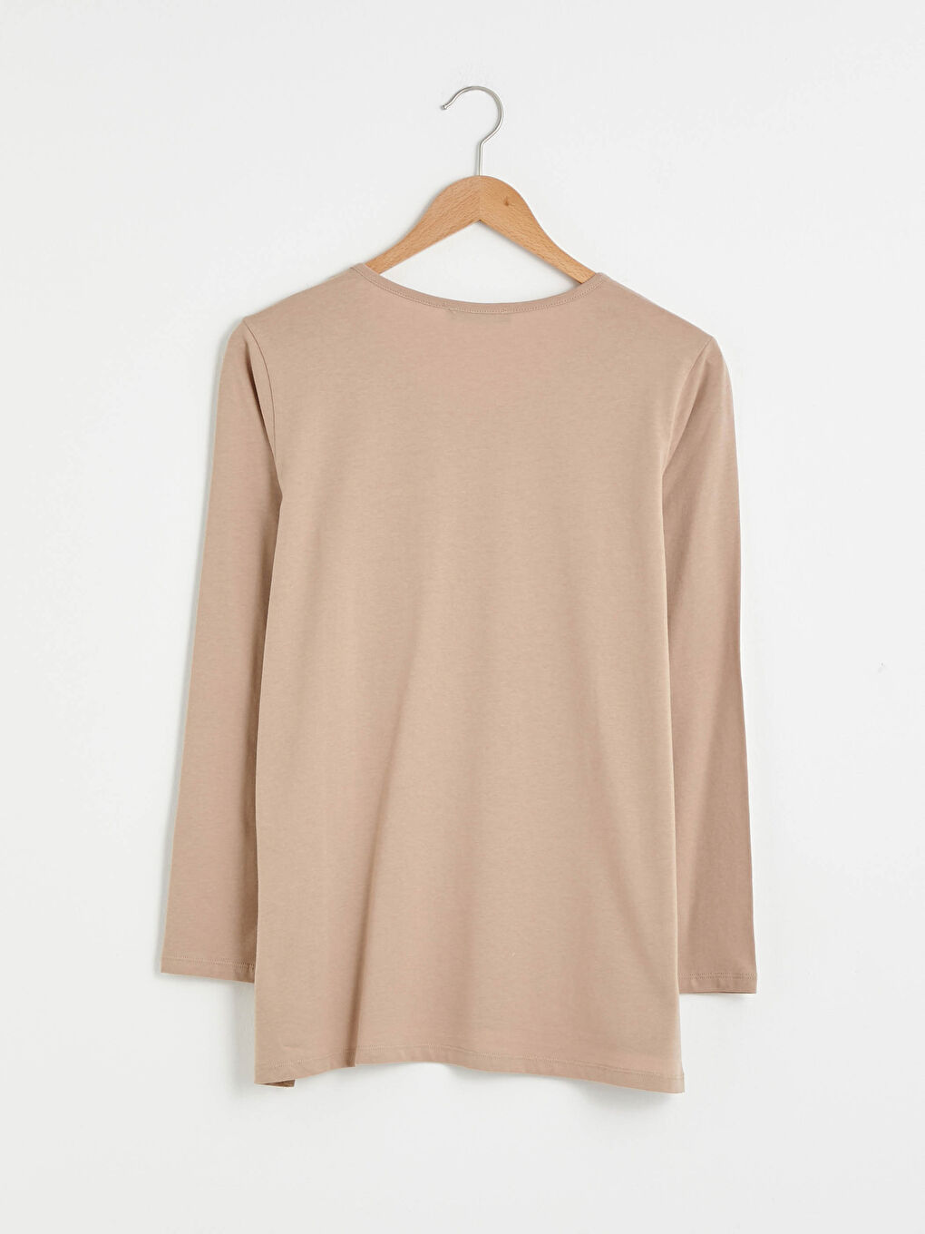 Bej V Yaka Basic Uzun Kollu Kadın Tişört-10