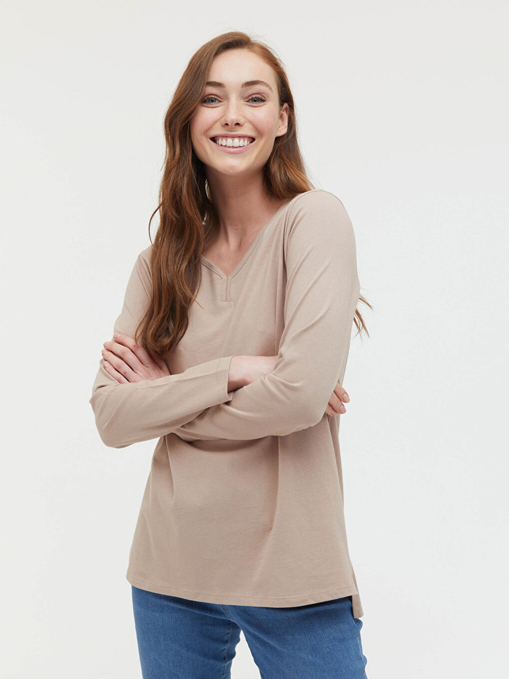 Bej V Yaka Basic Uzun Kollu Kadın Tişört-8