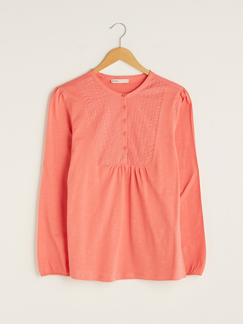 Mercan Bisiklet Yaka Nakışlı Düğme Detaylı Uzun Kollu Pamuklu Kadın Bluz-5