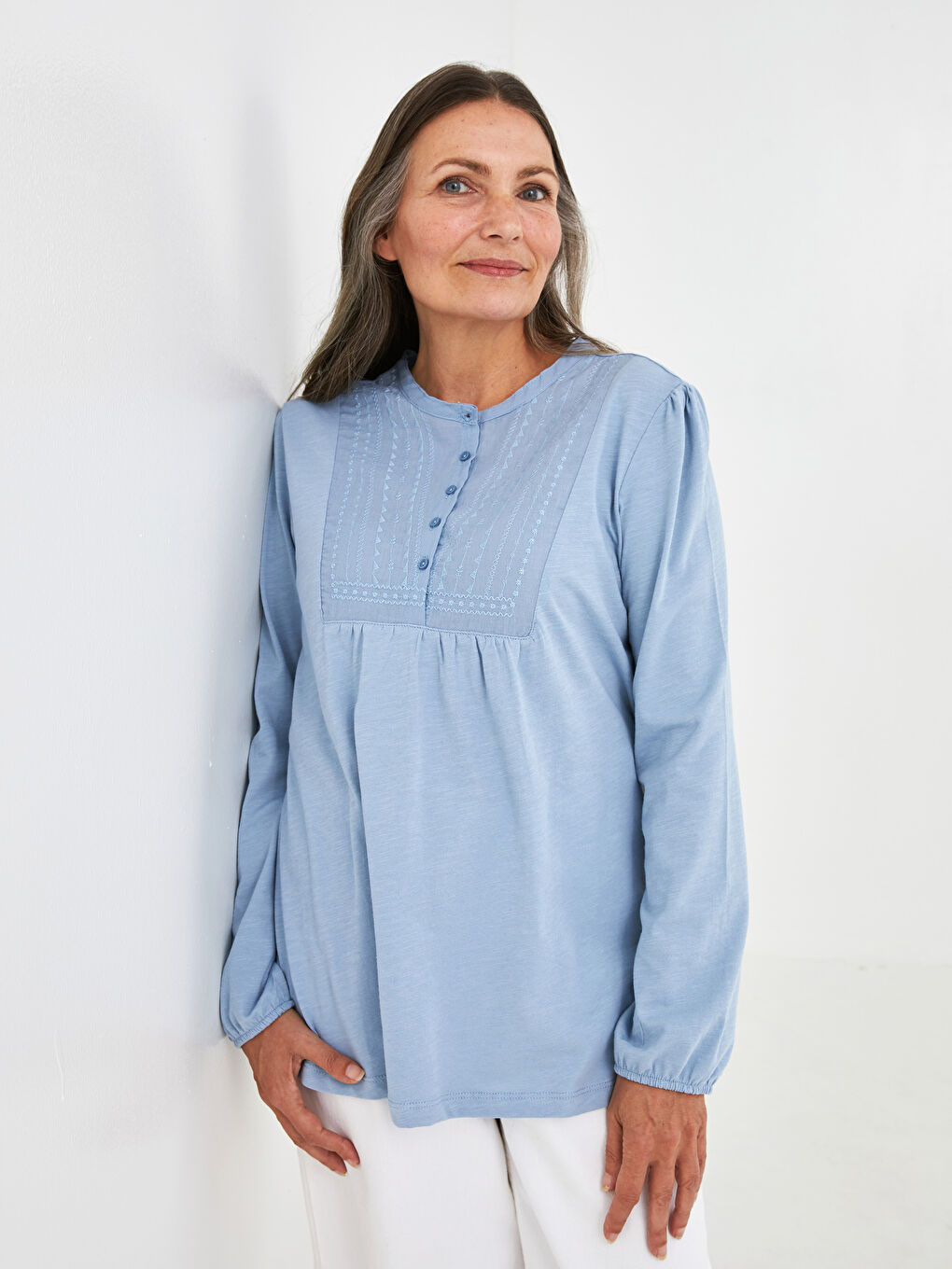 Crew Neck Button Detailed Embroidered Women's Blouse-1