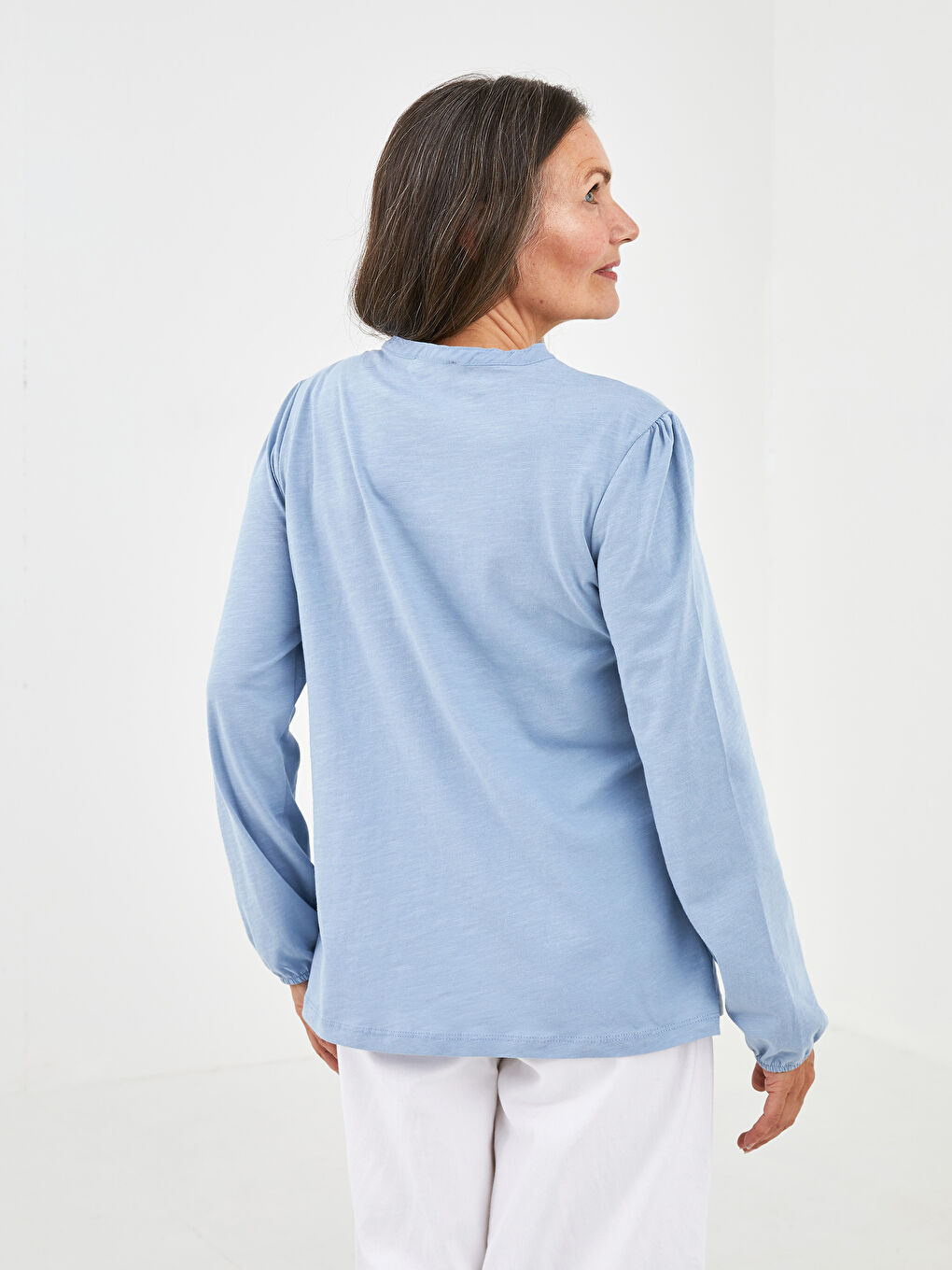 Crew Neck Button Detailed Embroidered Women's Blouse-3