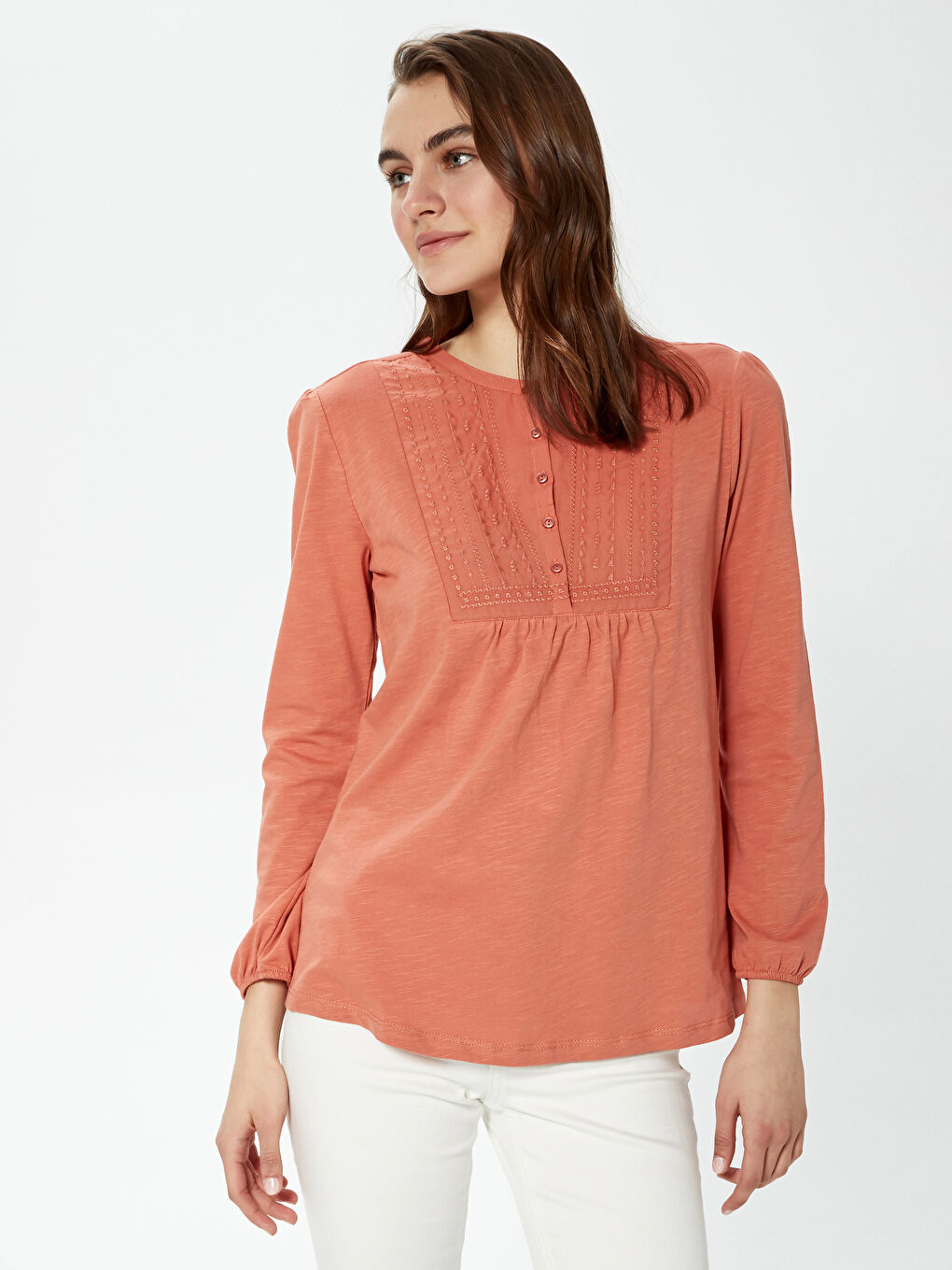 Crew Neck Button Detailed Embroidered Blouse