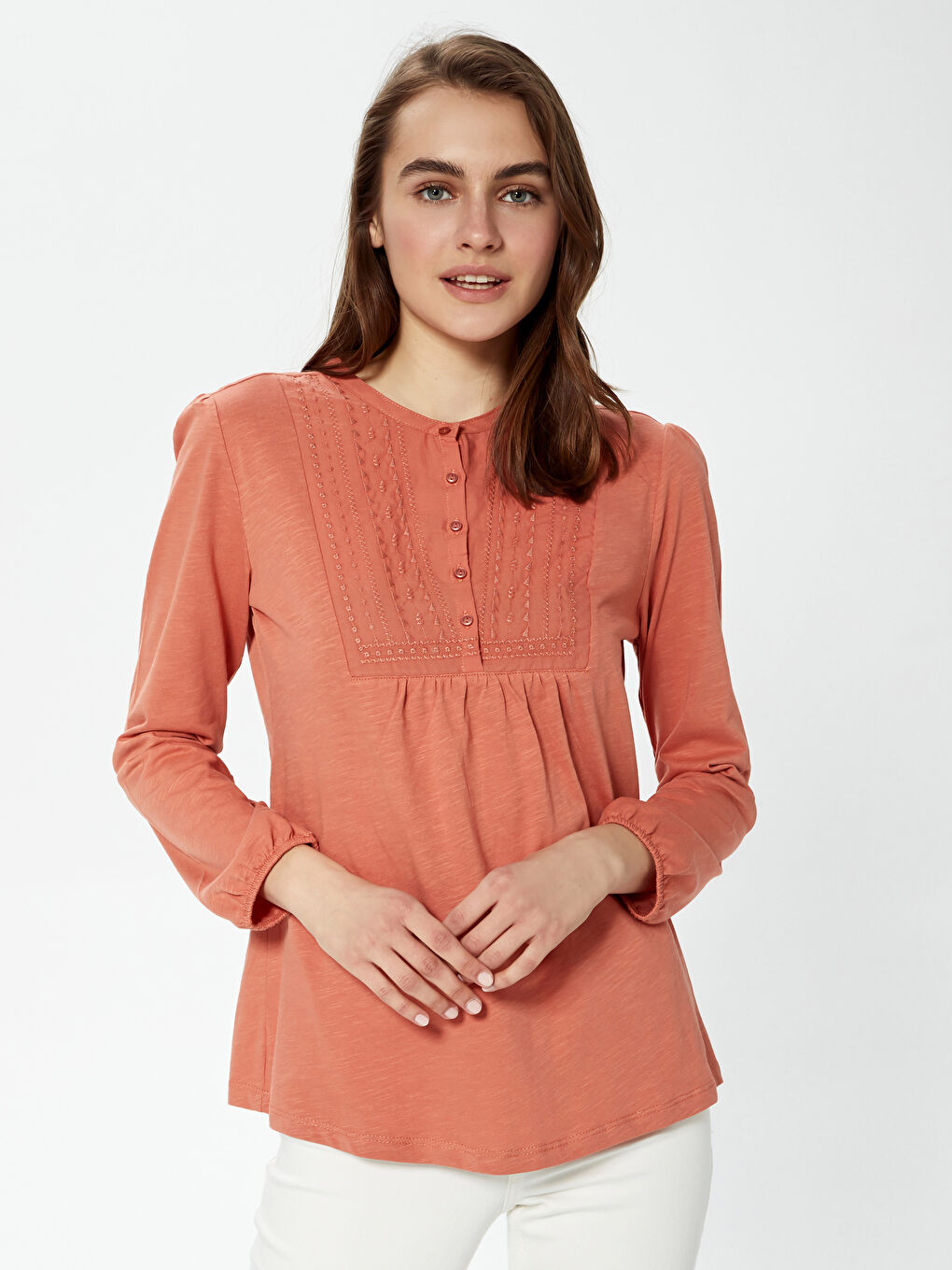 Crew Neck Button Detailed Embroidered Blouse-1
