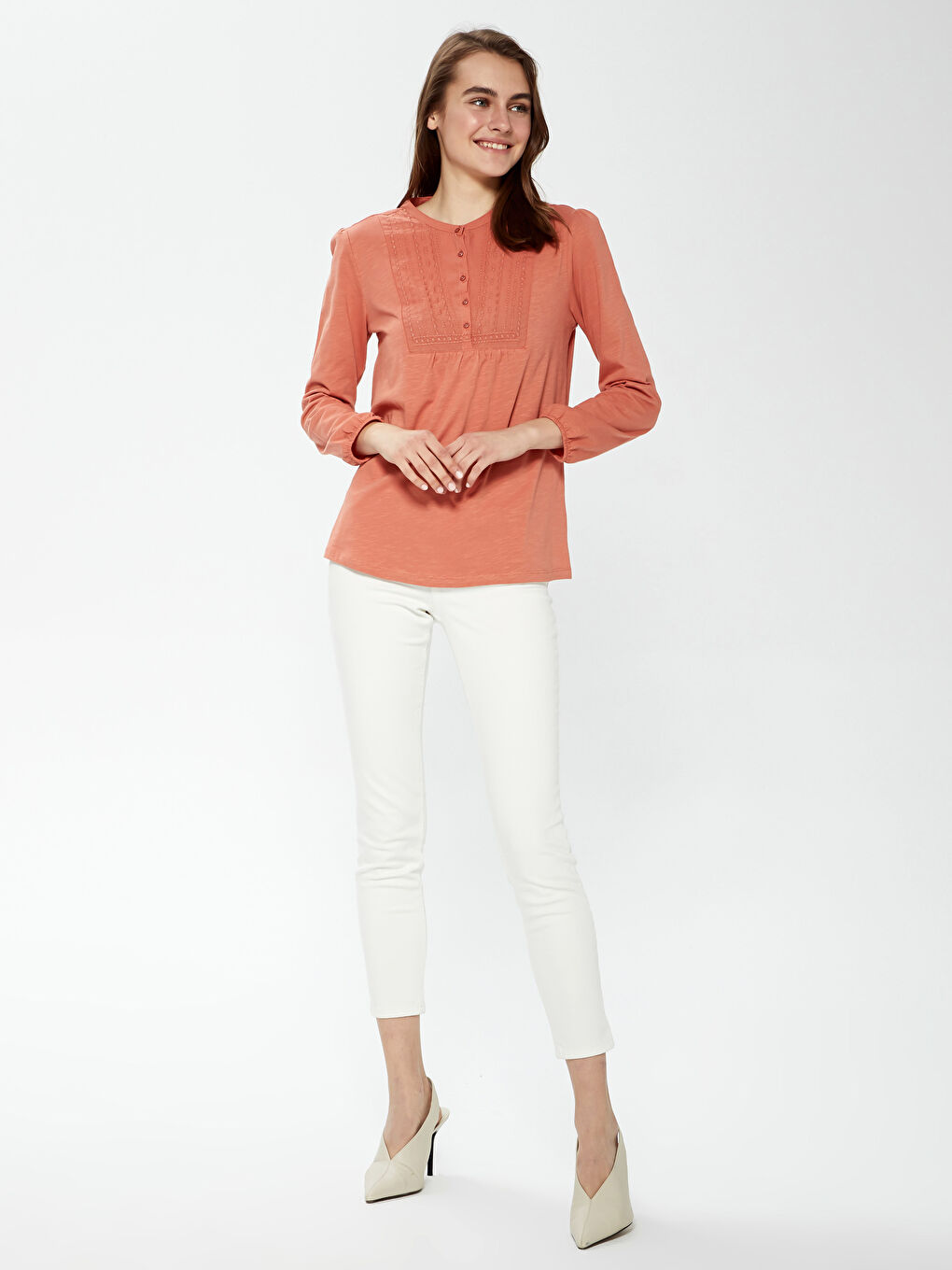 Crew Neck Button Detailed Embroidered Blouse-2