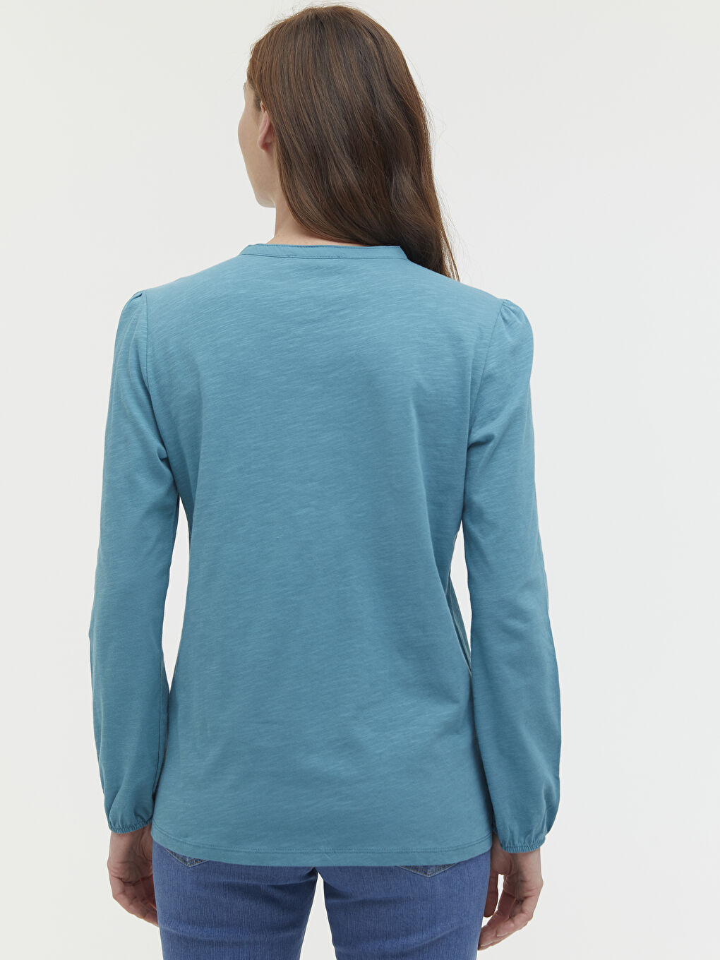 Turkuaz Bisiklet Yaka Düğme Detaylı Nakışlı Bluz-4