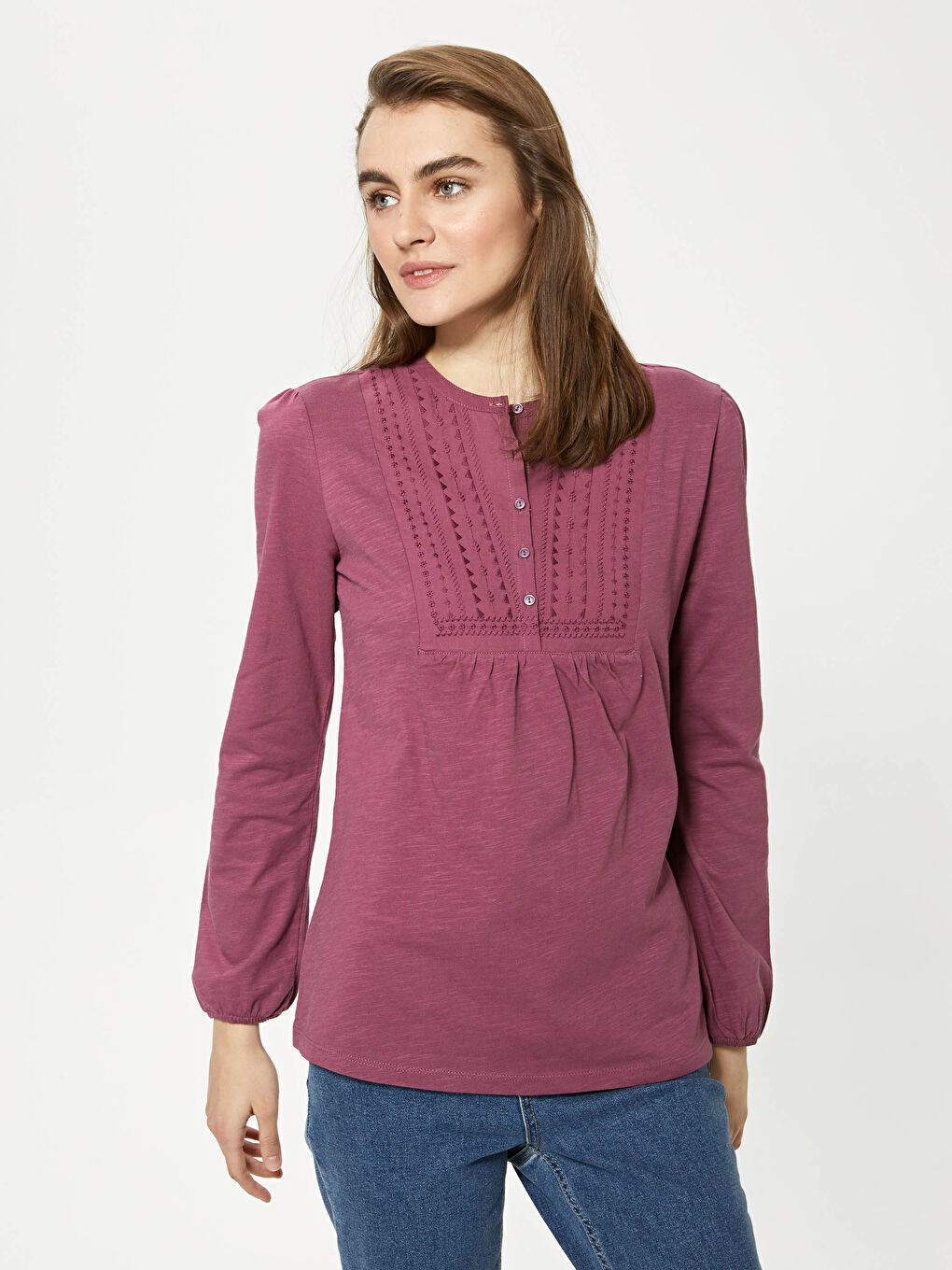 Mürdüm Bisiklet Yaka Düğme Detaylı Nakışlı Bluz-1