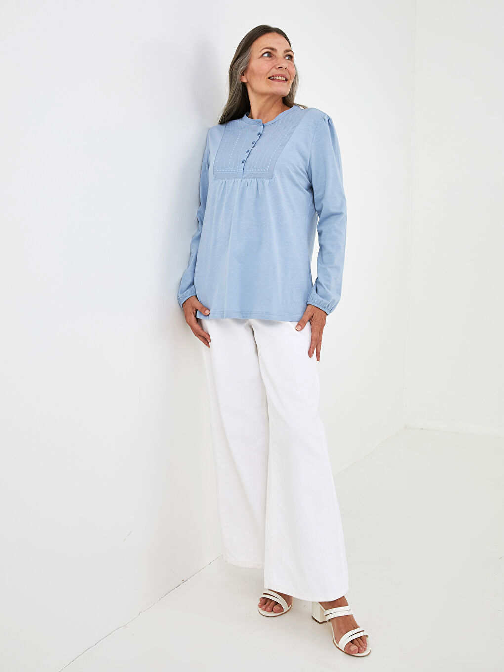 Crew Neck Button Detailed Embroidered Women's Blouse-4