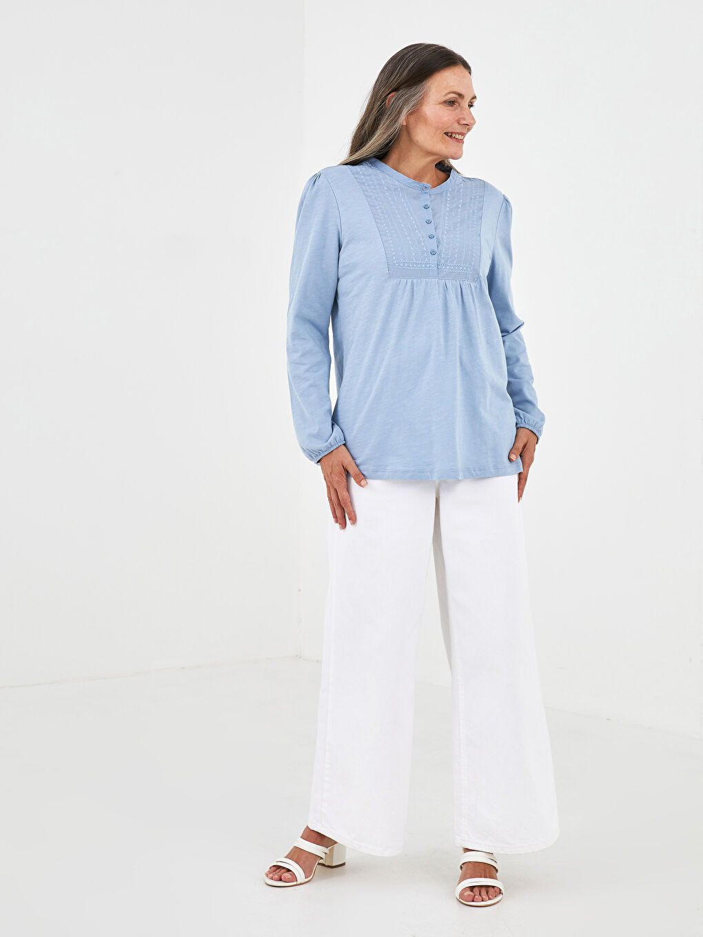 Crew Neck Button Detailed Embroidered Women's Blouse