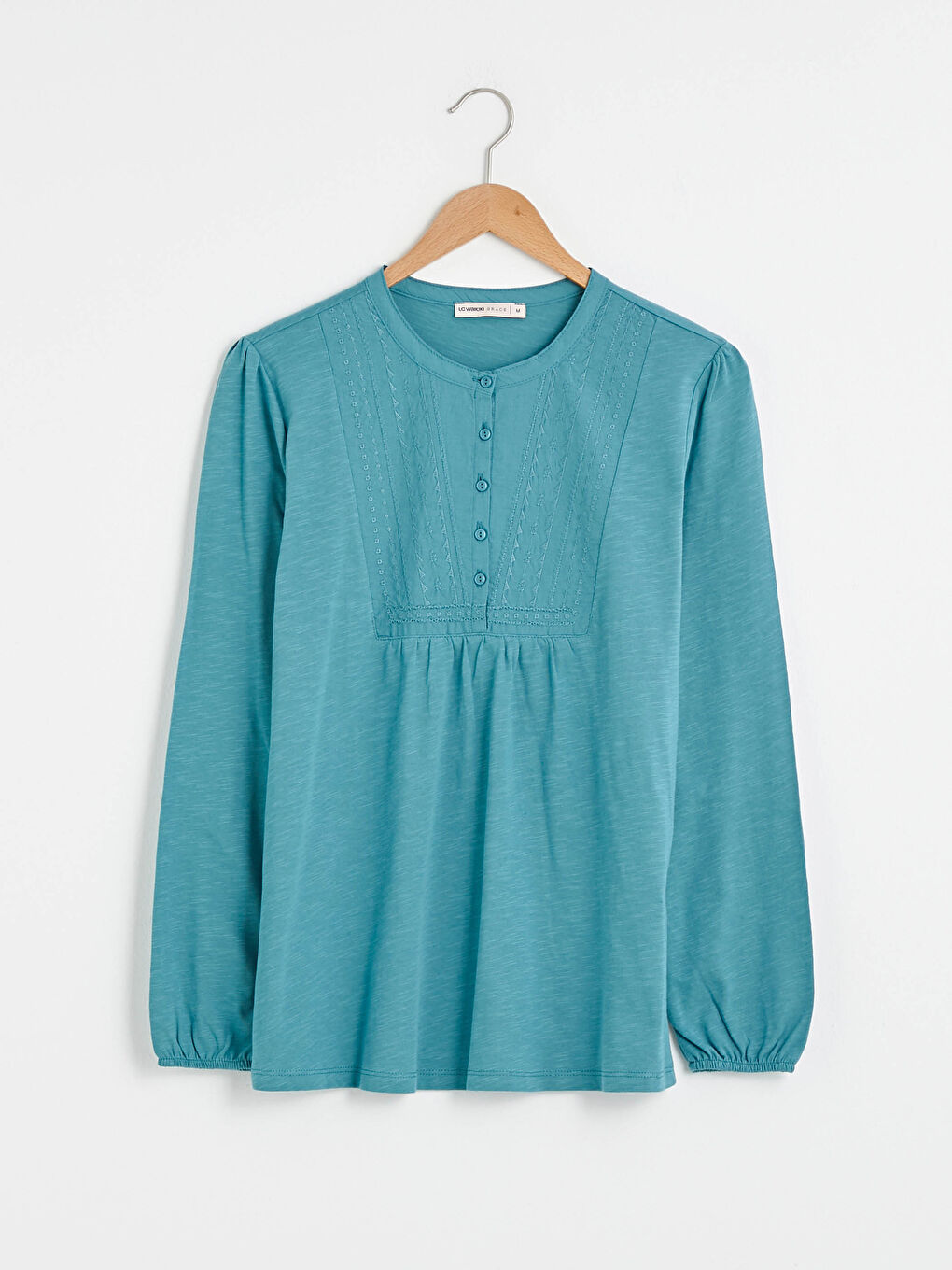 Turkuaz Bisiklet Yaka Düğme Detaylı Nakışlı Bluz-5