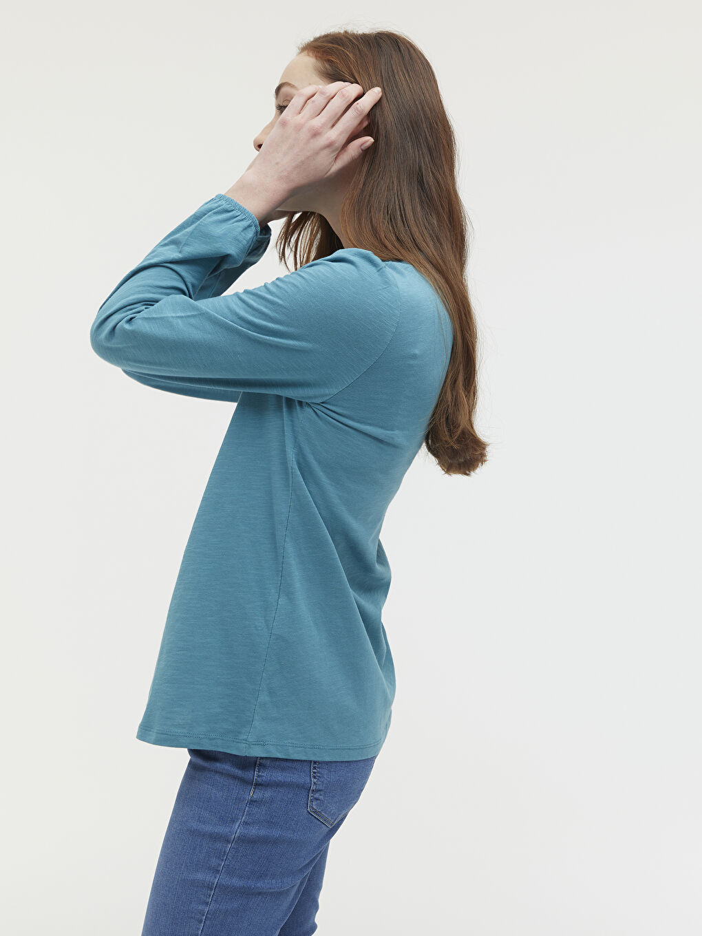 Turkuaz Bisiklet Yaka Düğme Detaylı Nakışlı Bluz-1