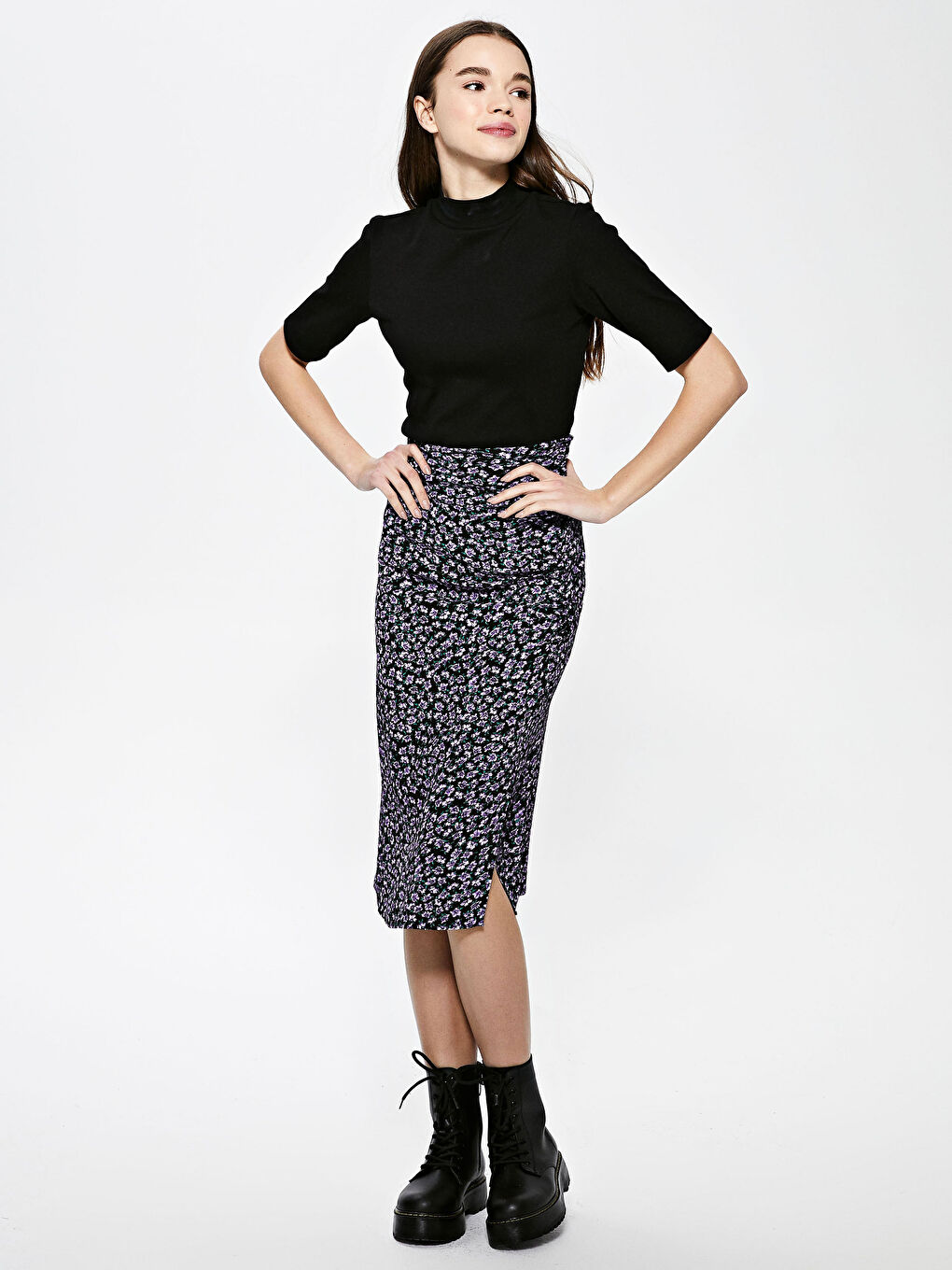 Lila Beli Lastikli Çiçek Desenli Maroken Kadın Kalem Etek-1