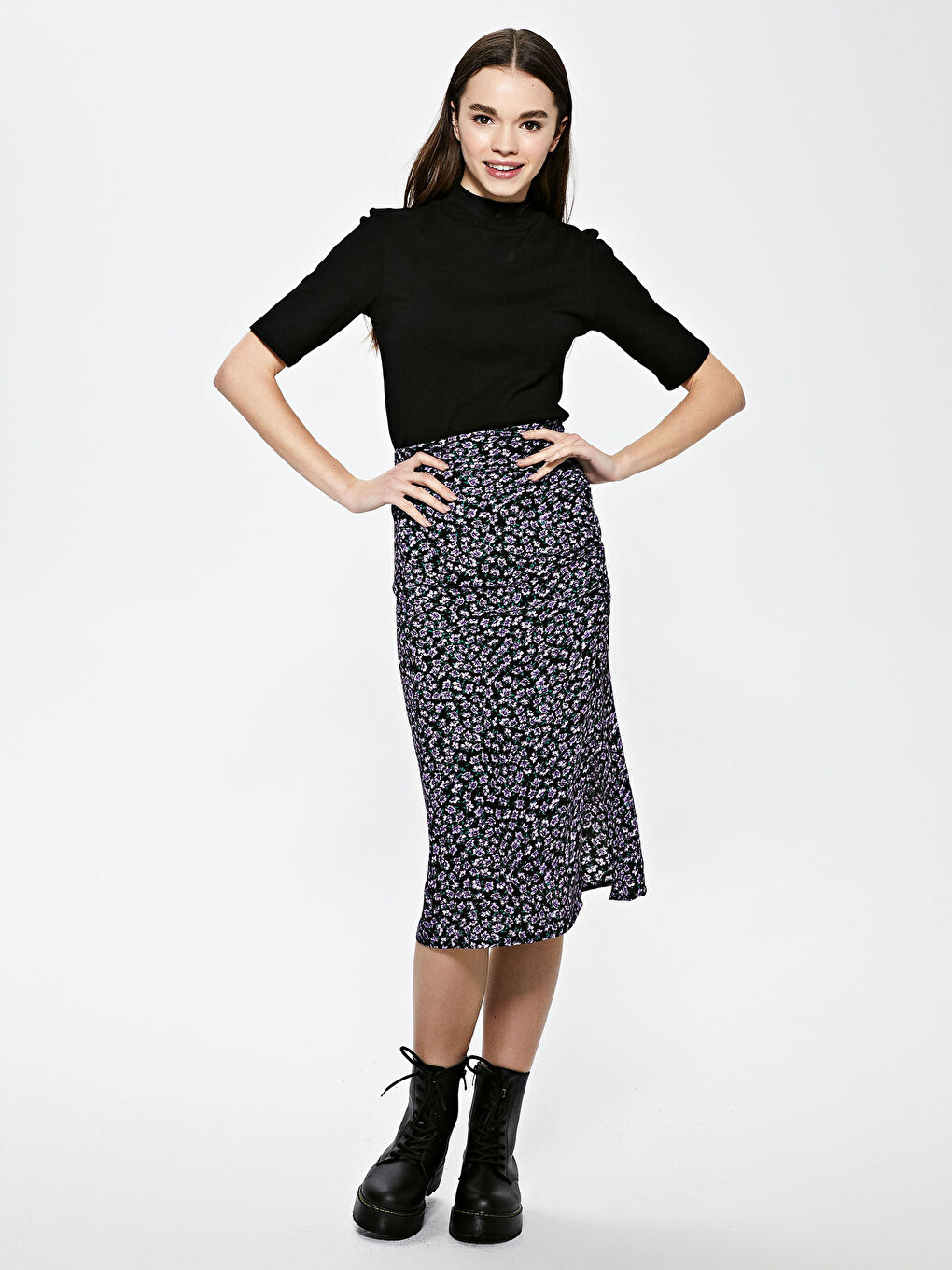 Lila Beli Lastikli Çiçek Desenli Maroken Kadın Kalem Etek-2