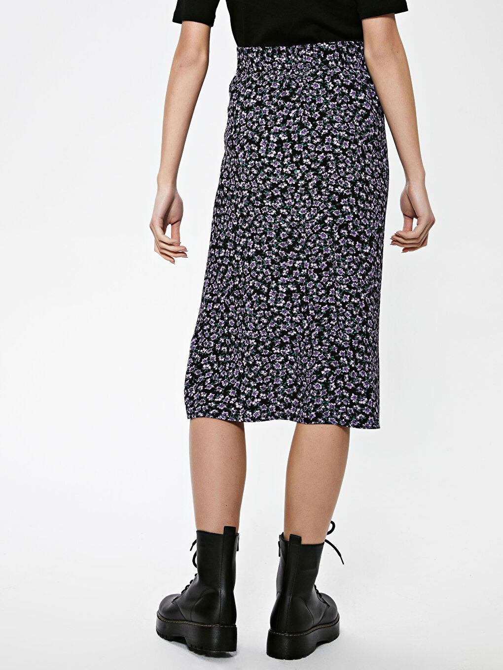 Lila Beli Lastikli Çiçek Desenli Maroken Kadın Kalem Etek-4