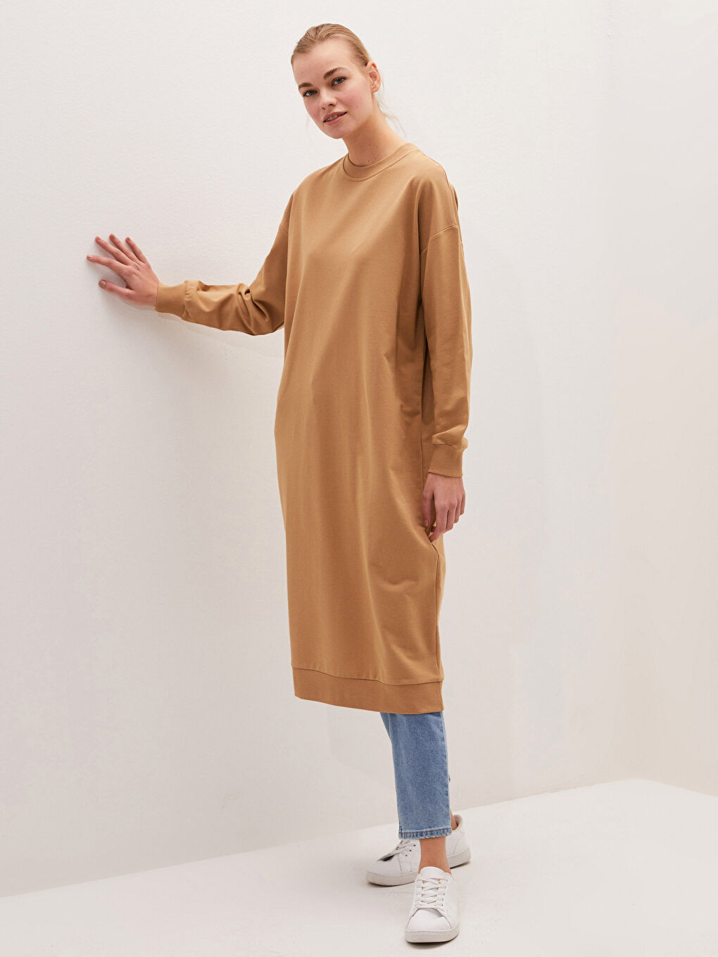 Sarı Bisiklet Yaka Düz Uzun Kollu Kadın Sweatshirt Tunik-2