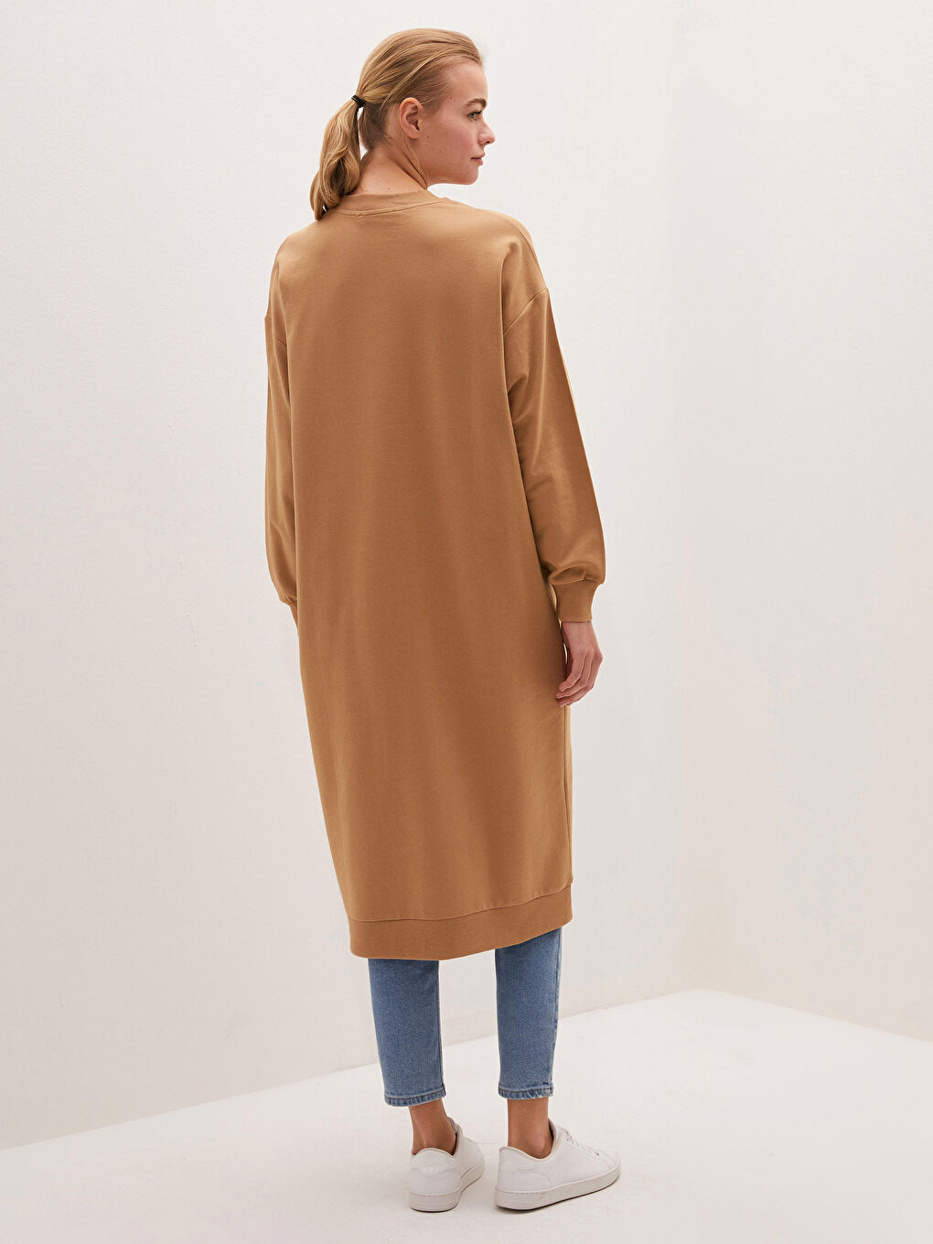 Sarı Bisiklet Yaka Düz Uzun Kollu Kadın Sweatshirt Tunik-3