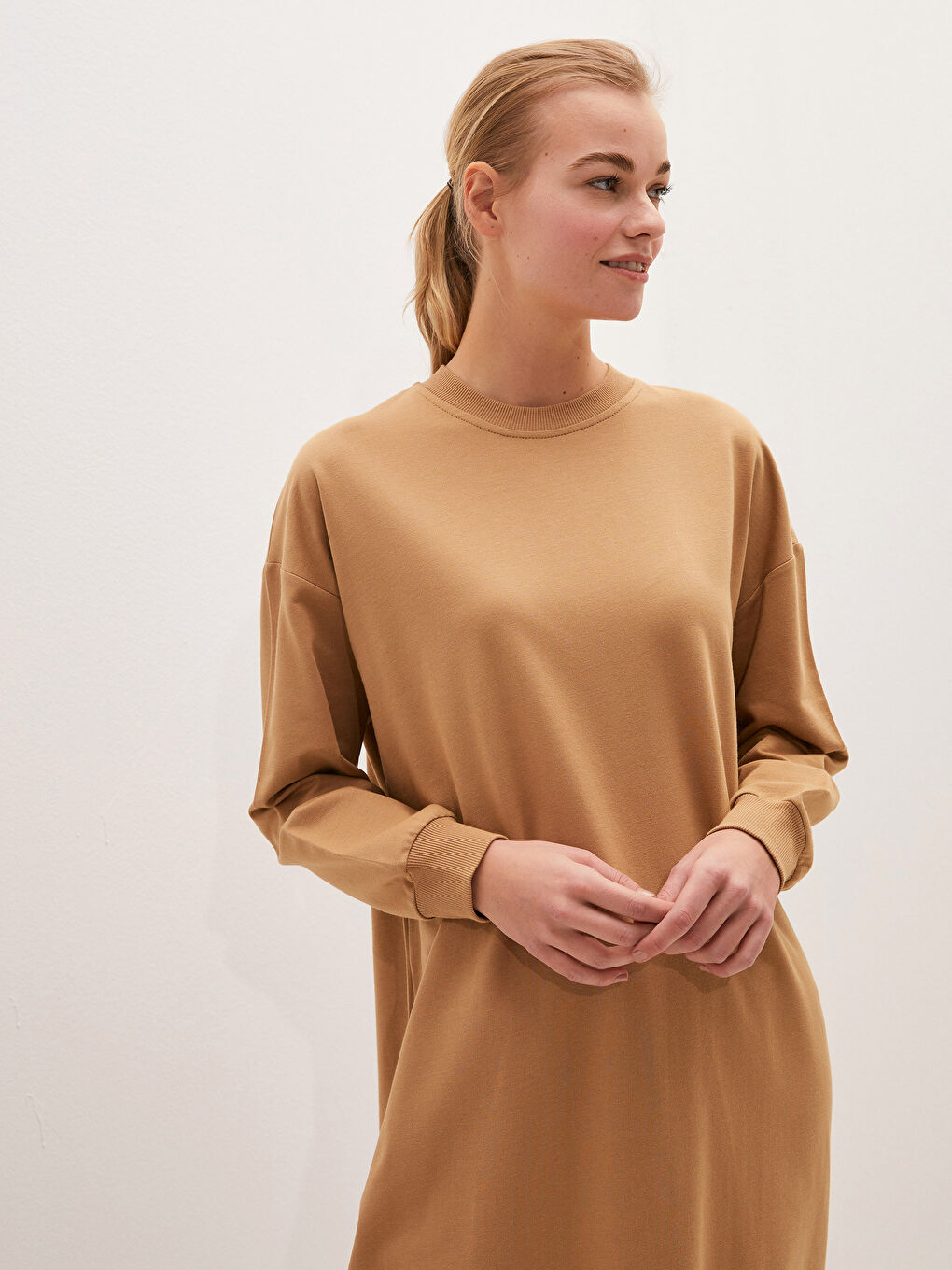 Sarı Bisiklet Yaka Düz Uzun Kollu Kadın Sweatshirt Tunik-4