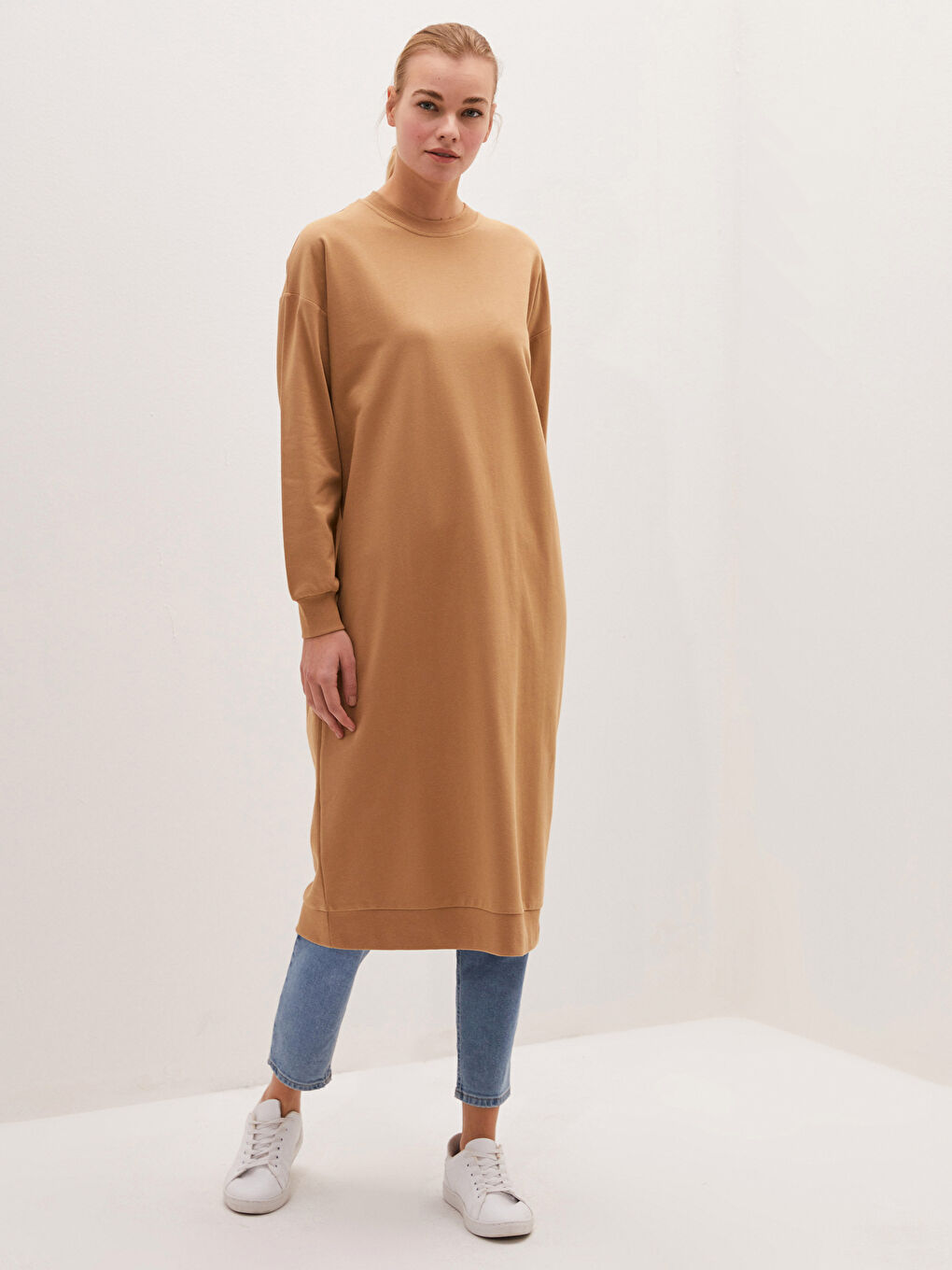 Sarı Bisiklet Yaka Düz Uzun Kollu Kadın Sweatshirt Tunik