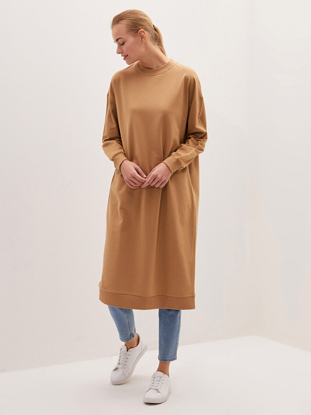 Sarı Bisiklet Yaka Düz Uzun Kollu Kadın Sweatshirt Tunik-1