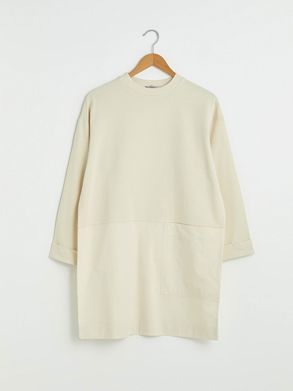 Ekru Bisiklet Yaka Düz Uzun Kollu Kadın Sweatshirt Tunik-5