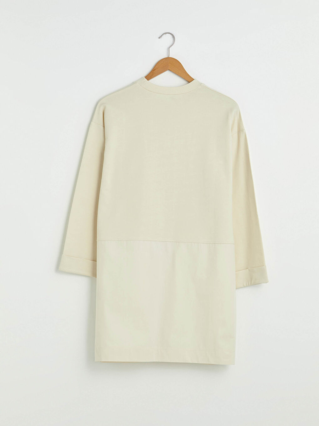 Ekru Bisiklet Yaka Düz Uzun Kollu Kadın Sweatshirt Tunik-7