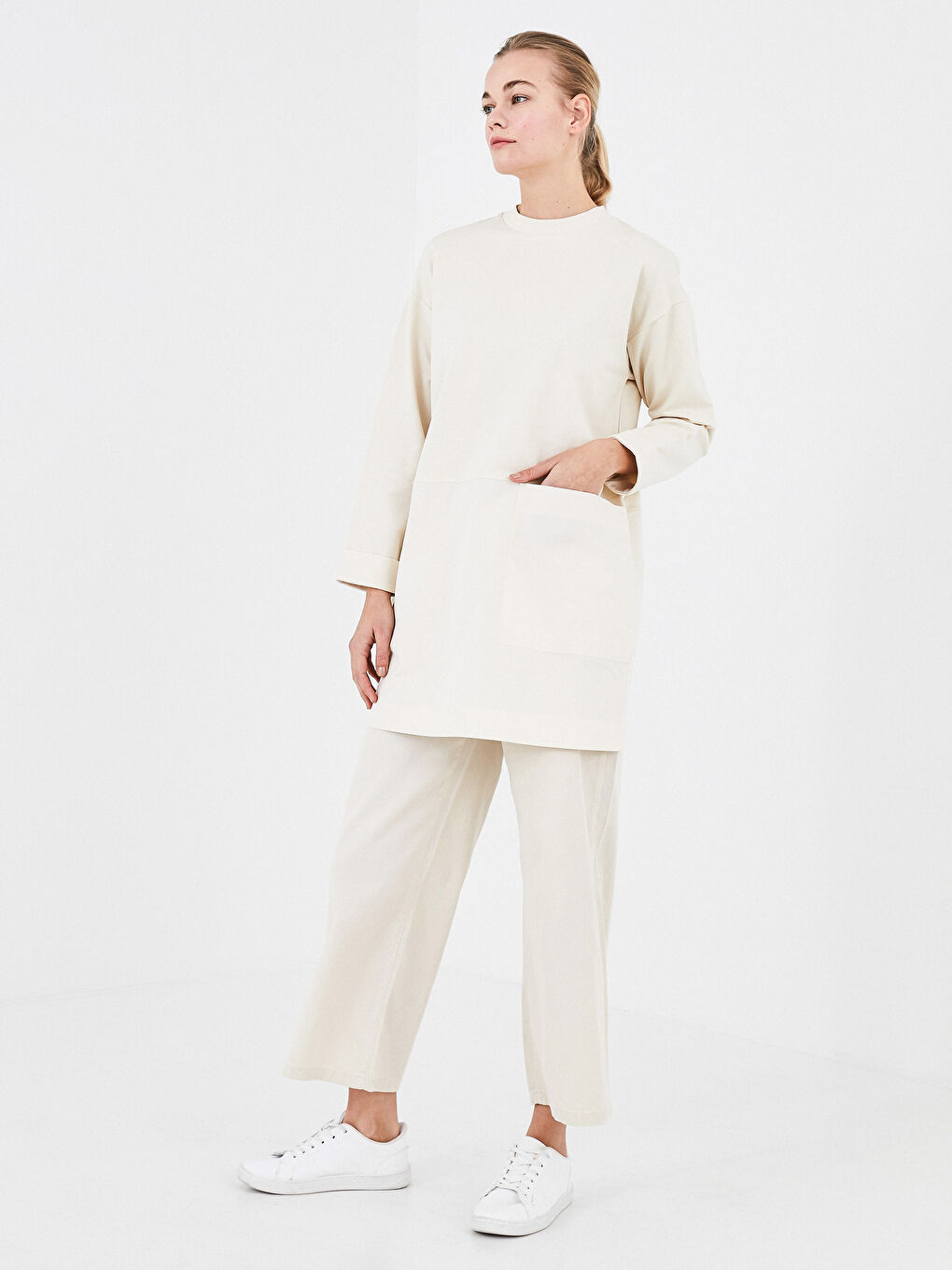 Ekru Bisiklet Yaka Düz Uzun Kollu Kadın Sweatshirt Tunik-2