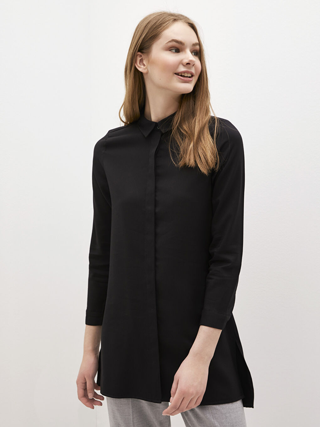 Plain Long Sleeve Women's Shirt Tunic-1