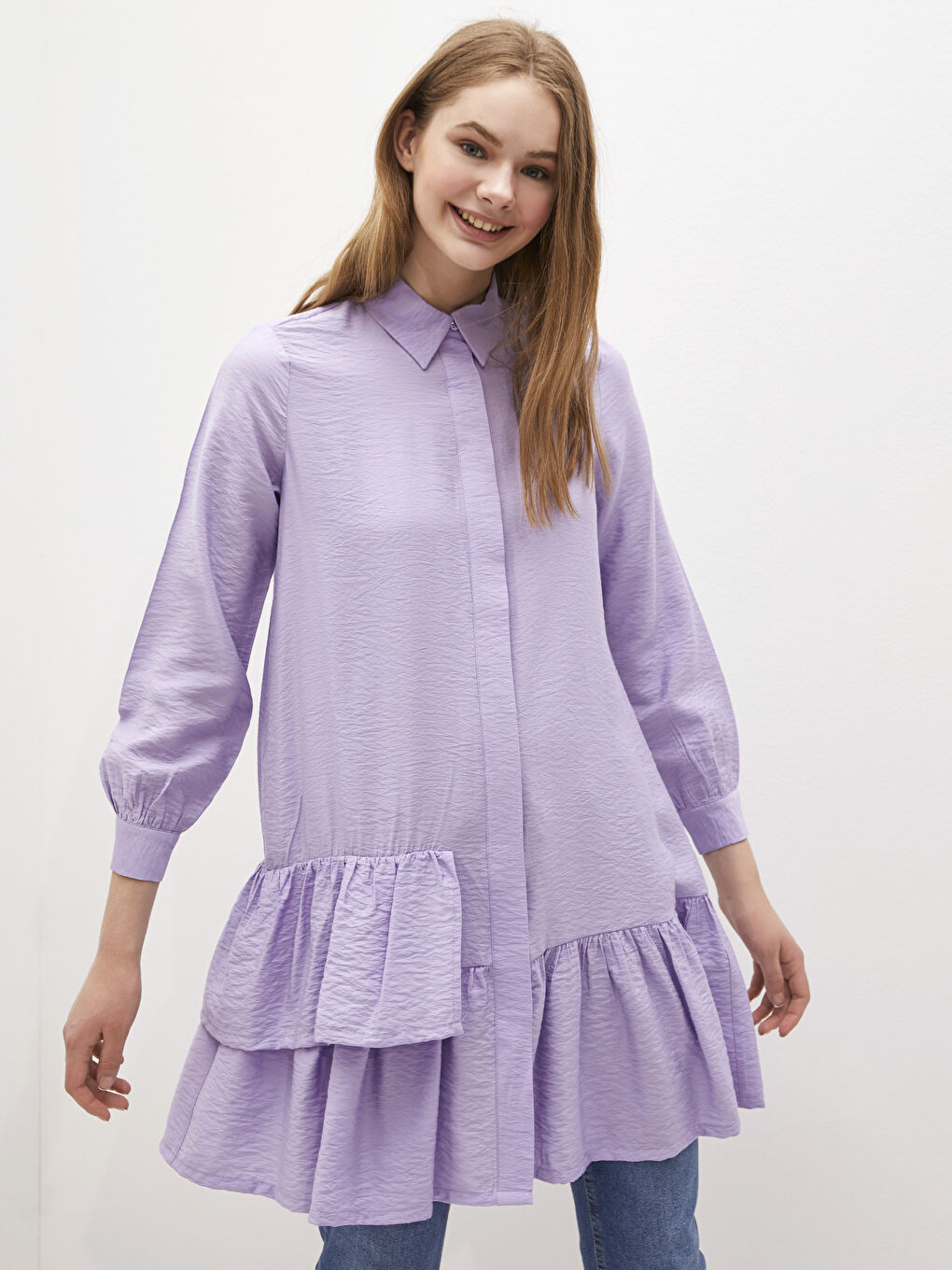 Lila Fırfır Detaylı Uzun Kollu Kadın Gömlek Tunik-4