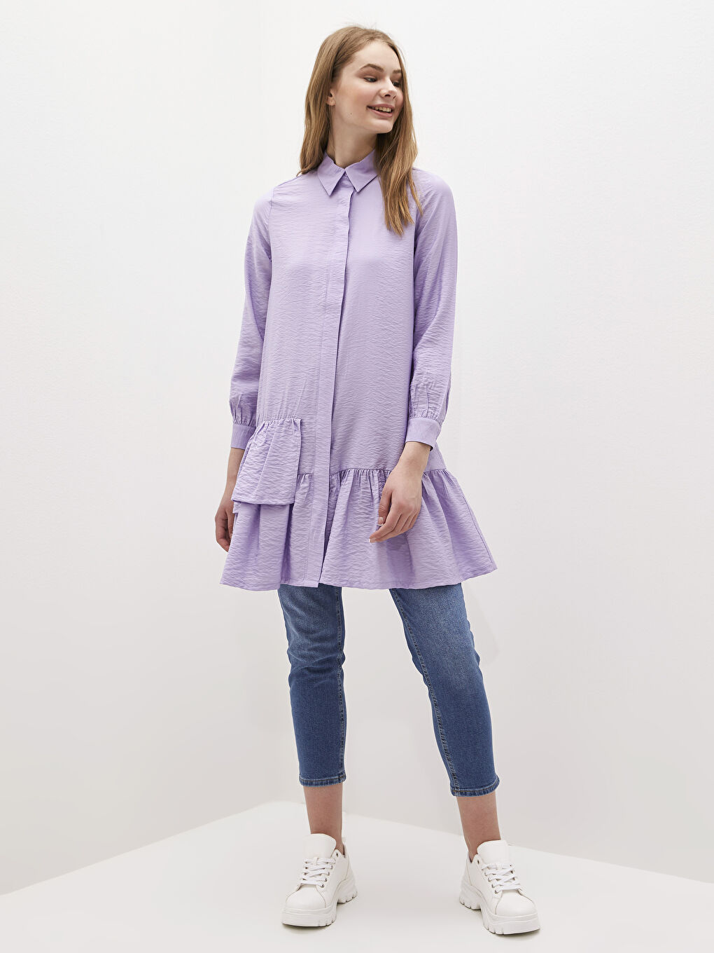 Lila Fırfır Detaylı Uzun Kollu Kadın Gömlek Tunik-1