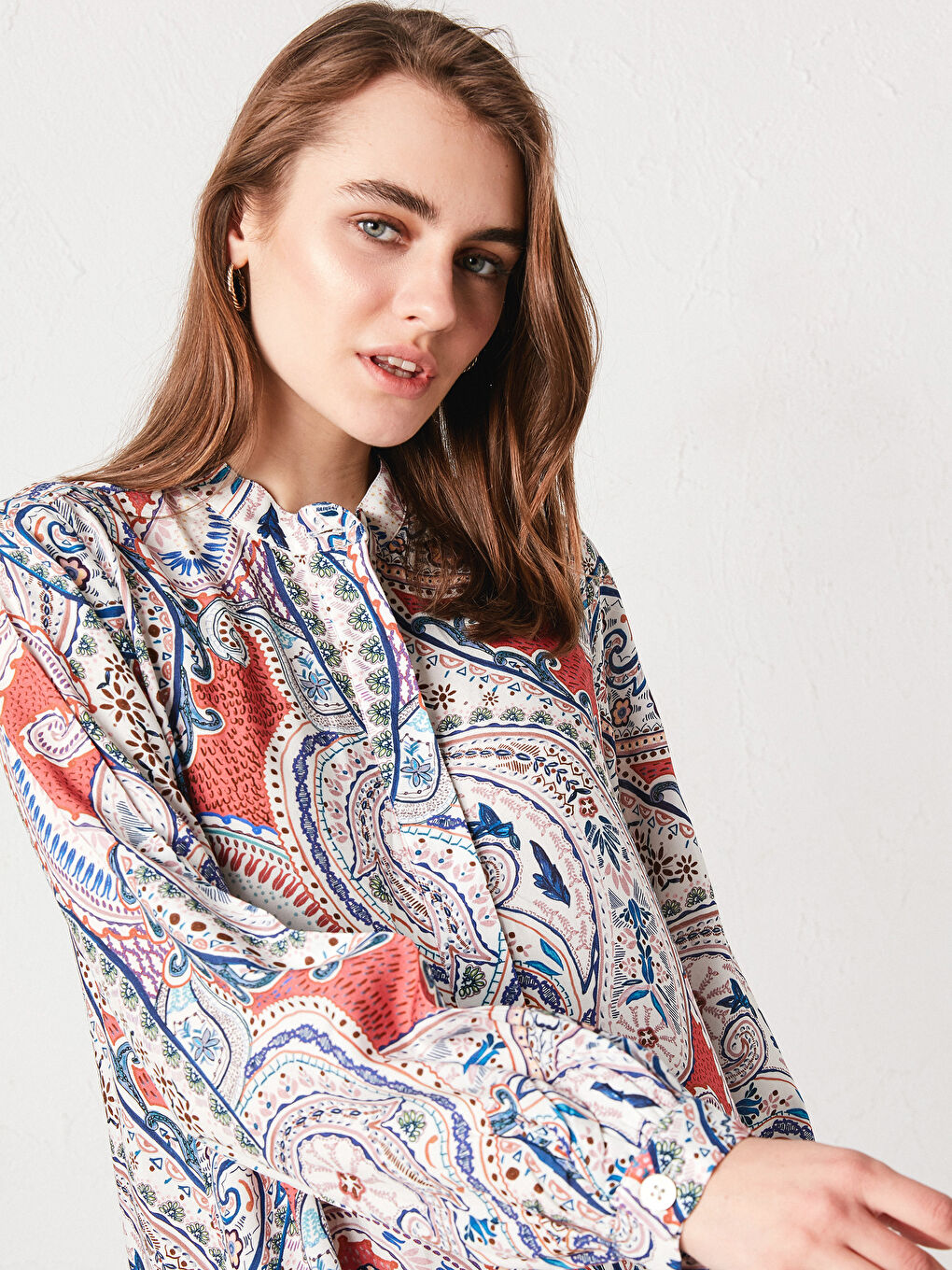 Mercan Hakim Yaka Desenli Uzun Kollu Viskon Kadın Tunik-1