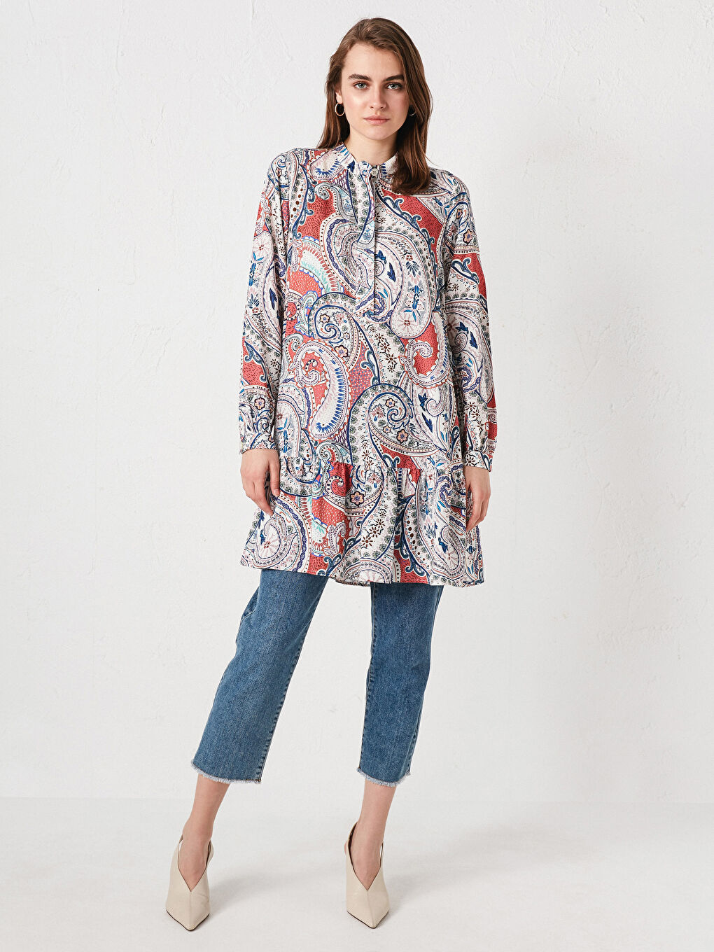 Mercan Hakim Yaka Desenli Uzun Kollu Viskon Kadın Tunik-2