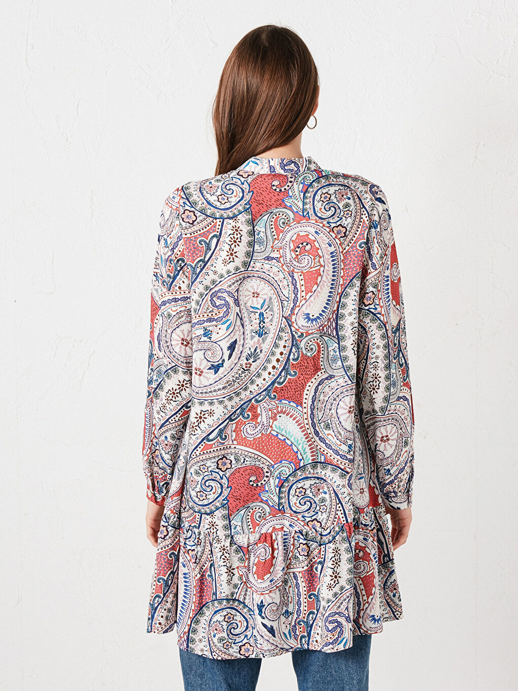 Mercan Hakim Yaka Desenli Uzun Kollu Viskon Kadın Tunik-3