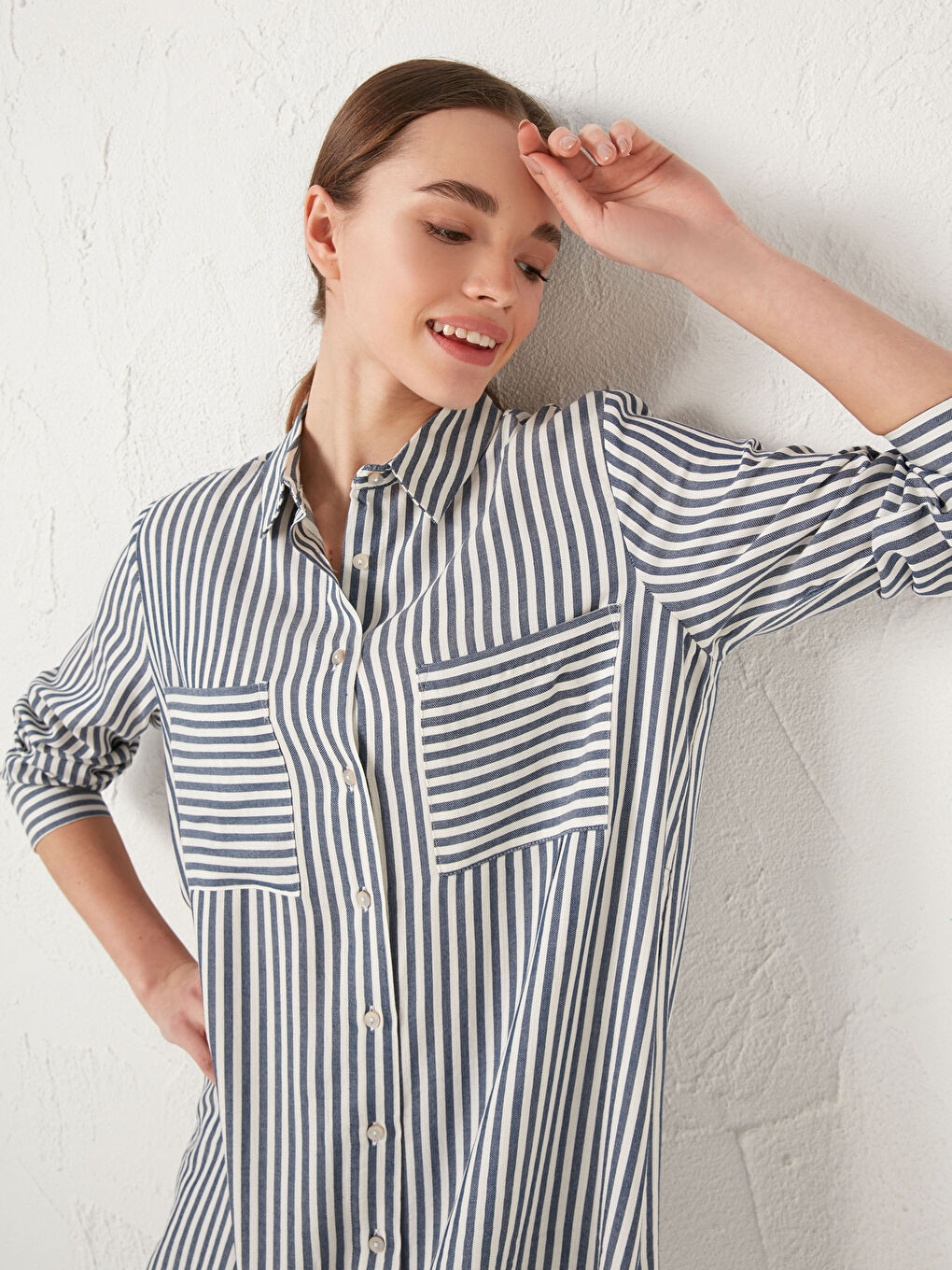 İndigo Çizgili Kadın Gömlek Tunik-1