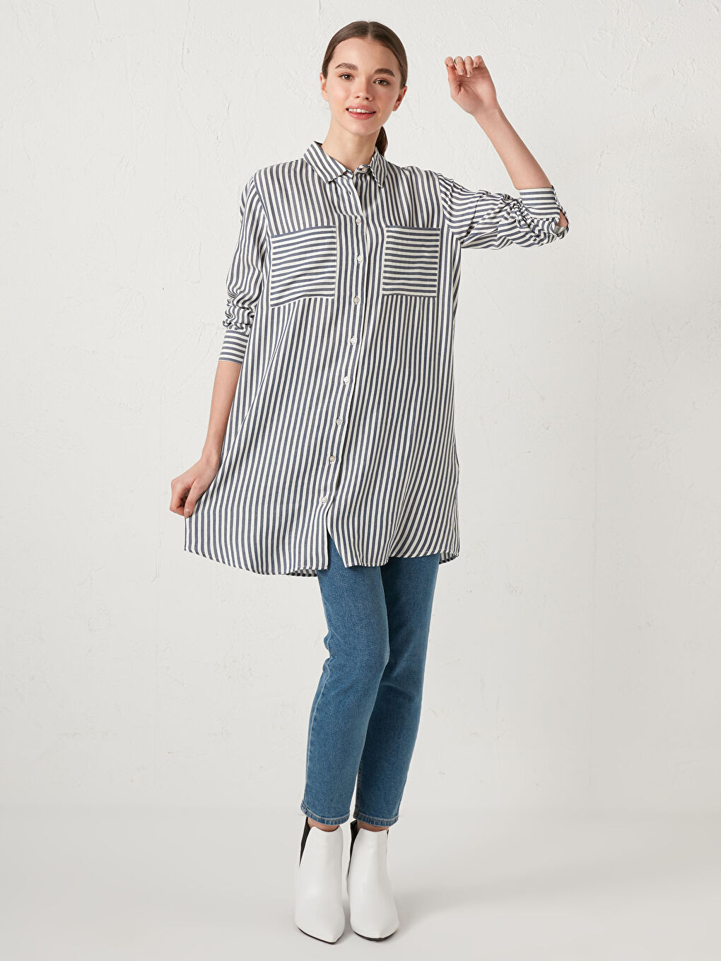 İndigo Çizgili Kadın Gömlek Tunik-2