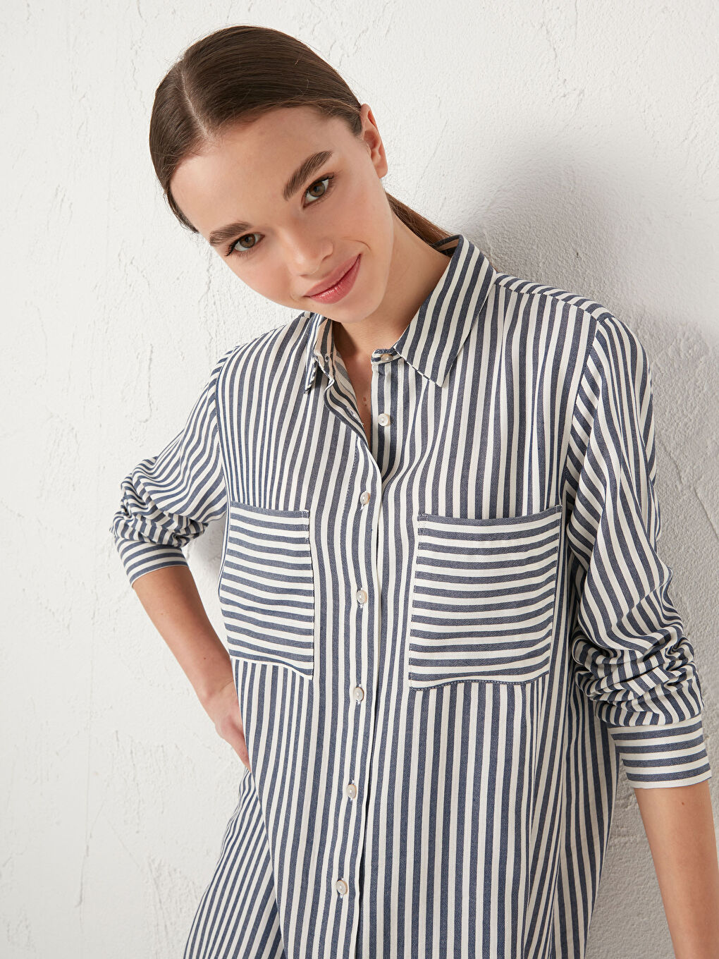 İndigo Çizgili Kadın Gömlek Tunik-3