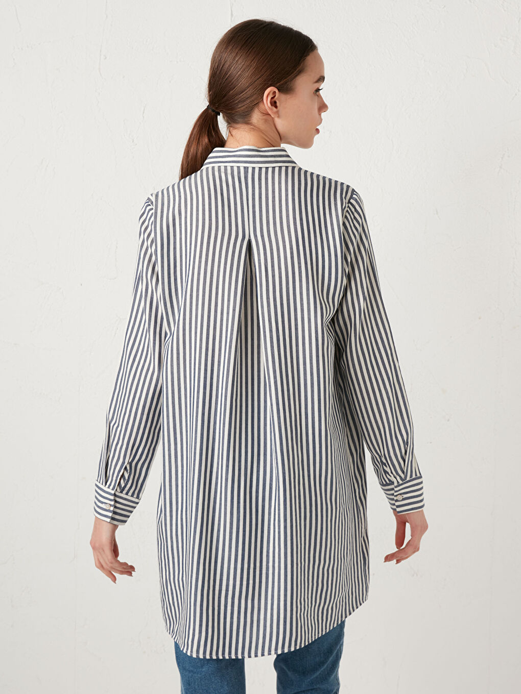 İndigo Çizgili Kadın Gömlek Tunik-4