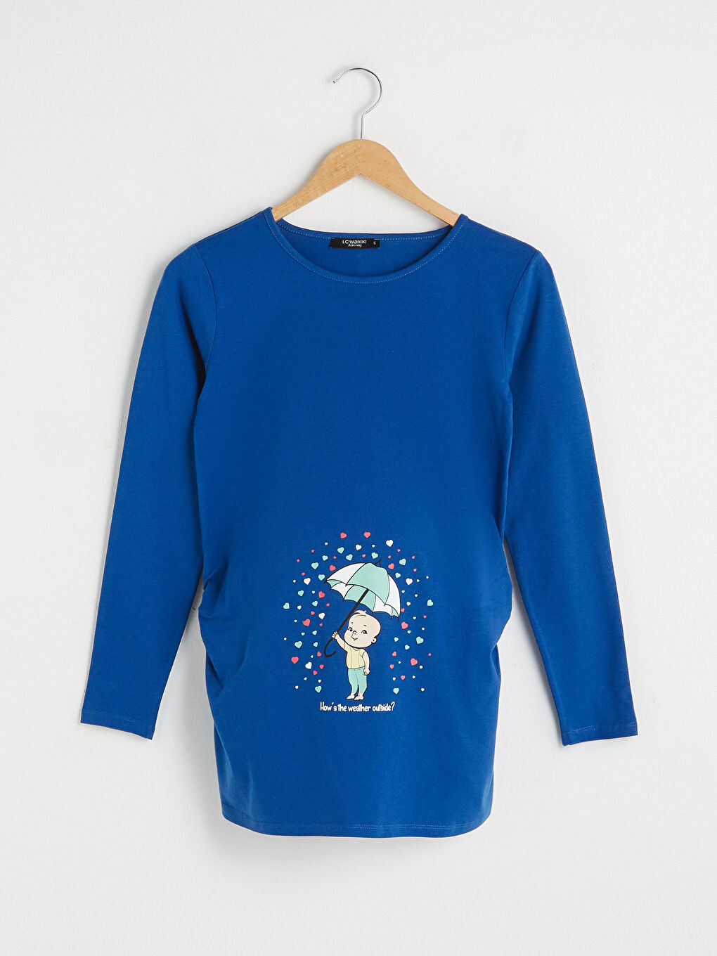 Mavi Bisiklet Yaka Baskılı Uzun Kollu Pamuklu Hamile Tişört-5