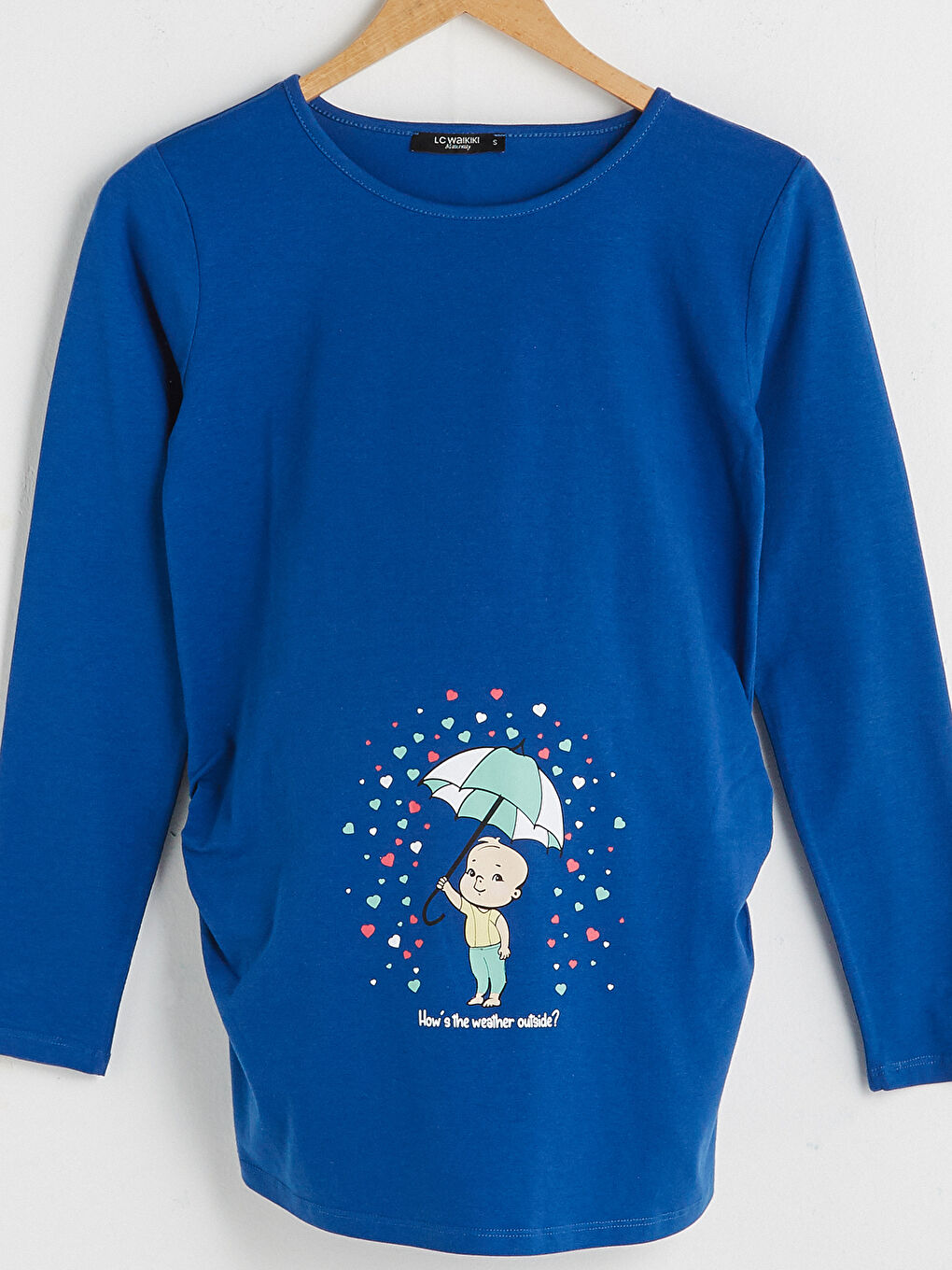 Mavi Bisiklet Yaka Baskılı Uzun Kollu Pamuklu Hamile Tişört-7