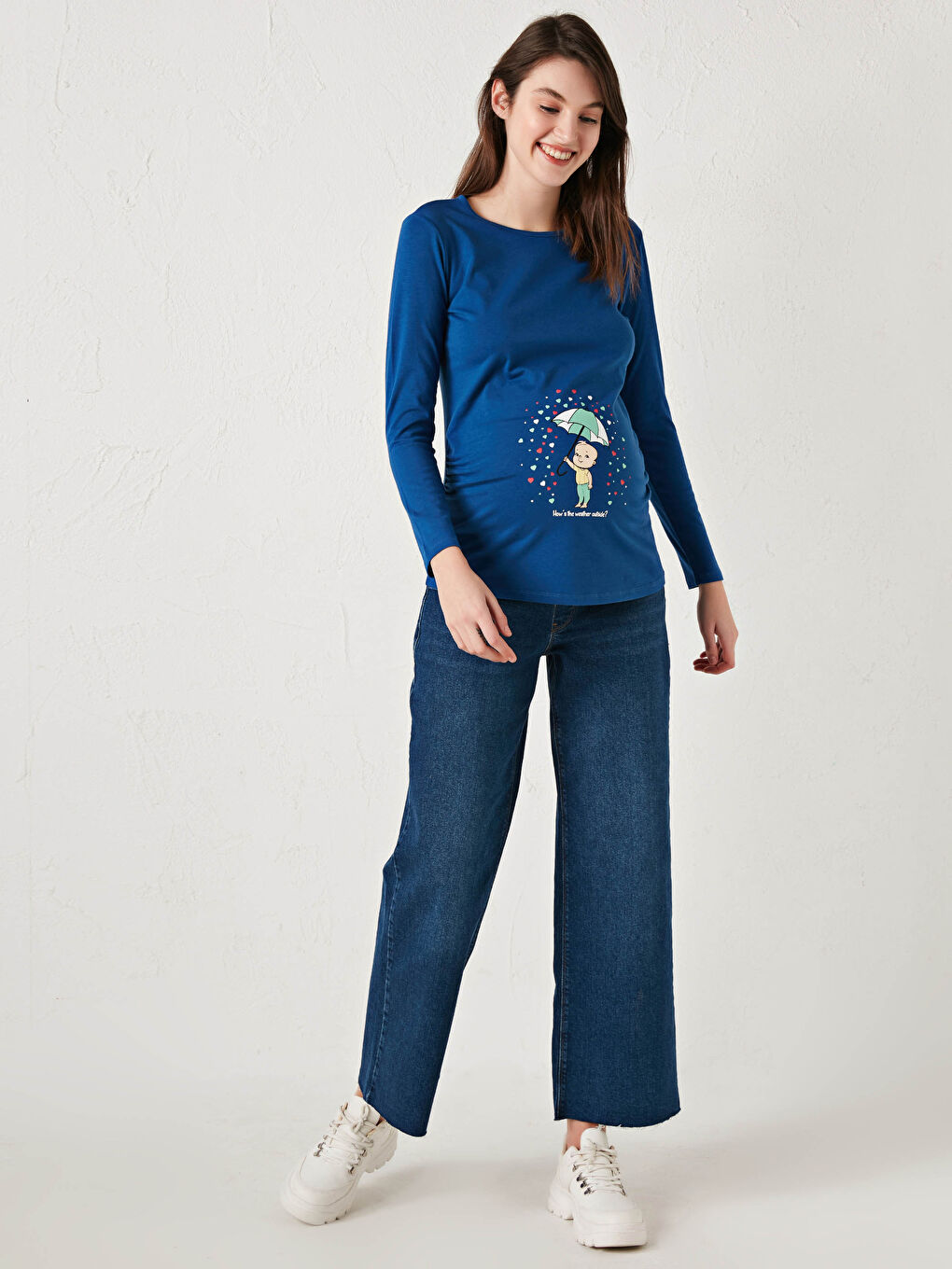 Mavi Bisiklet Yaka Baskılı Uzun Kollu Pamuklu Hamile Tişört-3