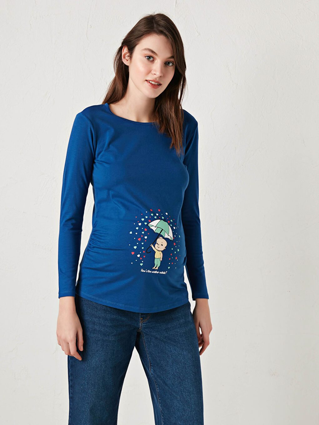 Mavi Bisiklet Yaka Baskılı Uzun Kollu Pamuklu Hamile Tişört-4