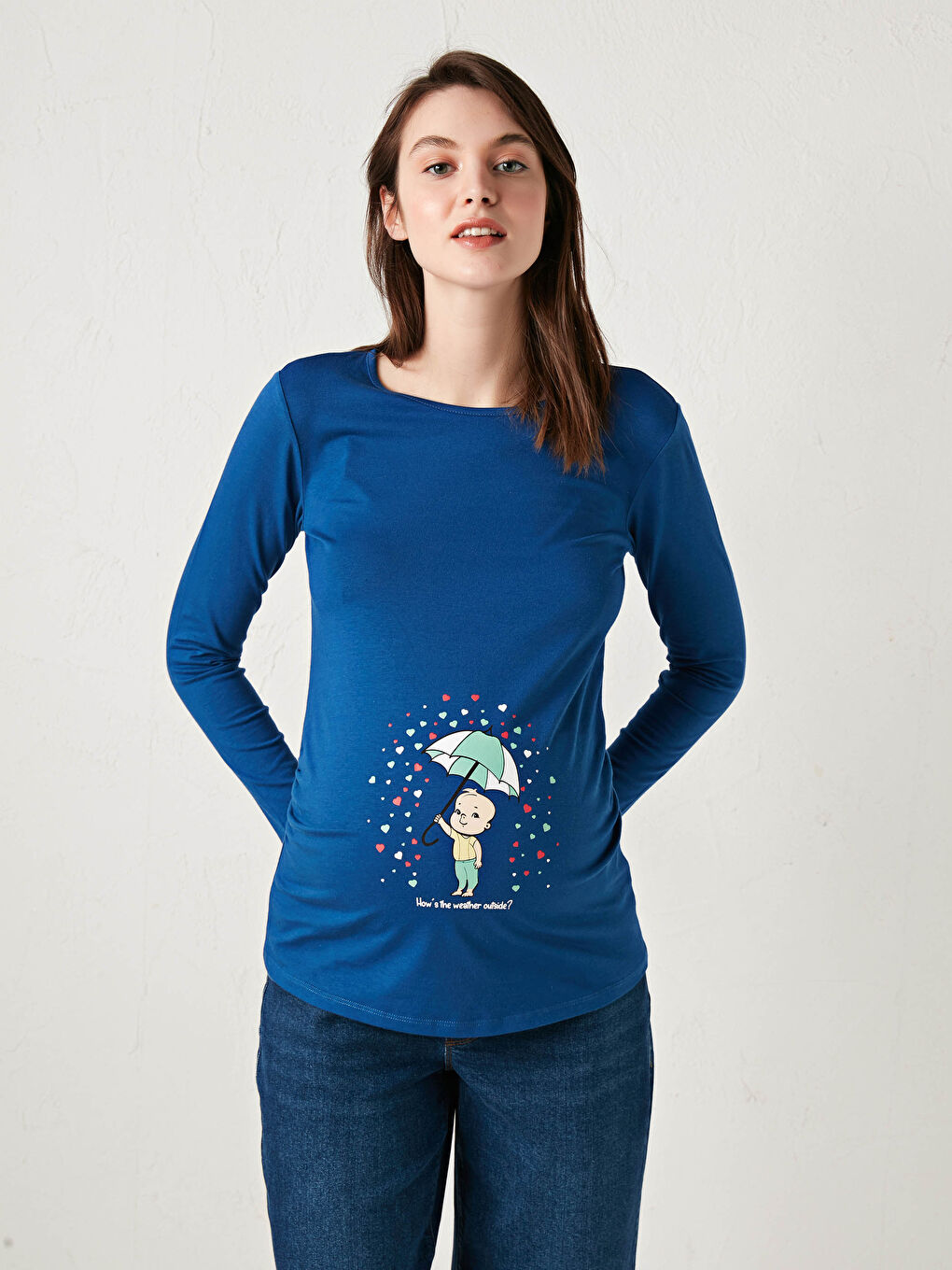 Mavi Bisiklet Yaka Baskılı Uzun Kollu Pamuklu Hamile Tişört-1