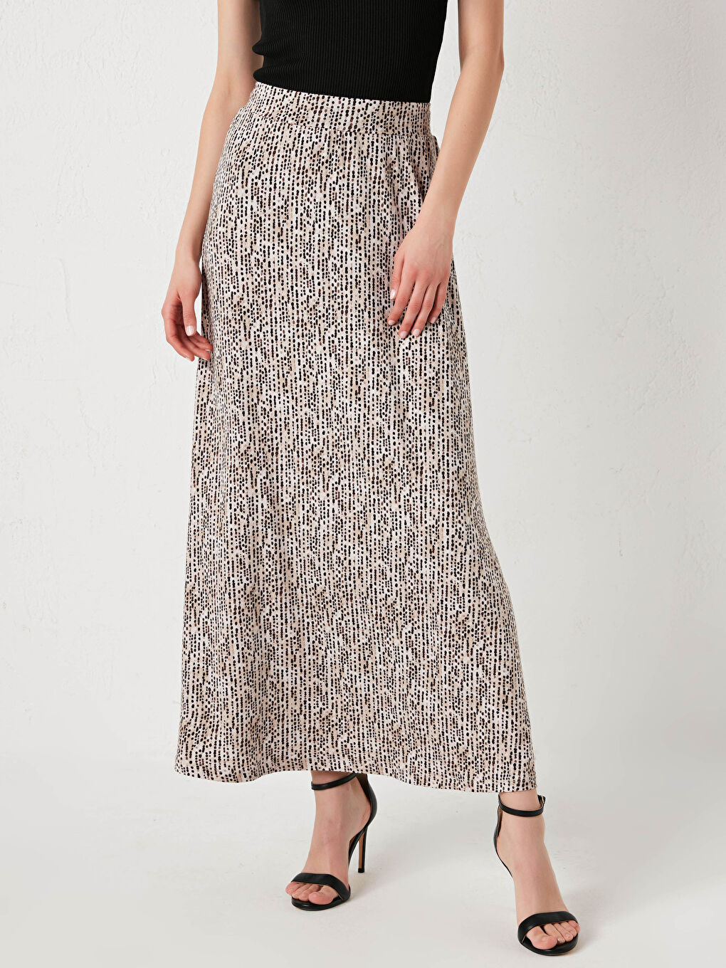 Bej Beli Lastikli Desenli Uzun Etek-3