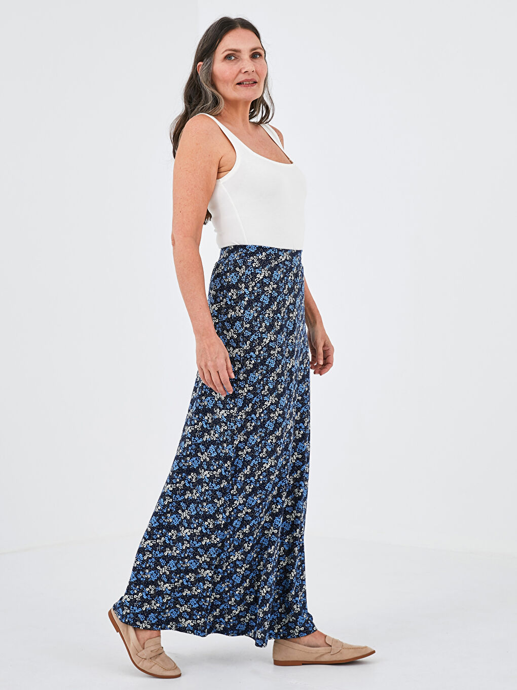 Lacivert Beli Lastikli Desenli Uzun Etek-1