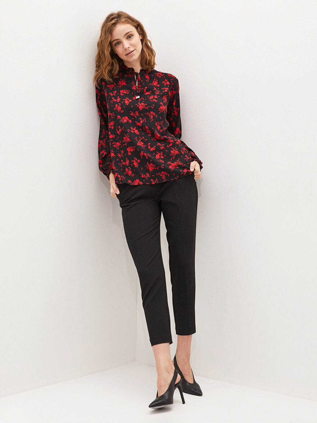 Tie Neck Patterned Long Sleeve Viscose Women's Blouse-2
