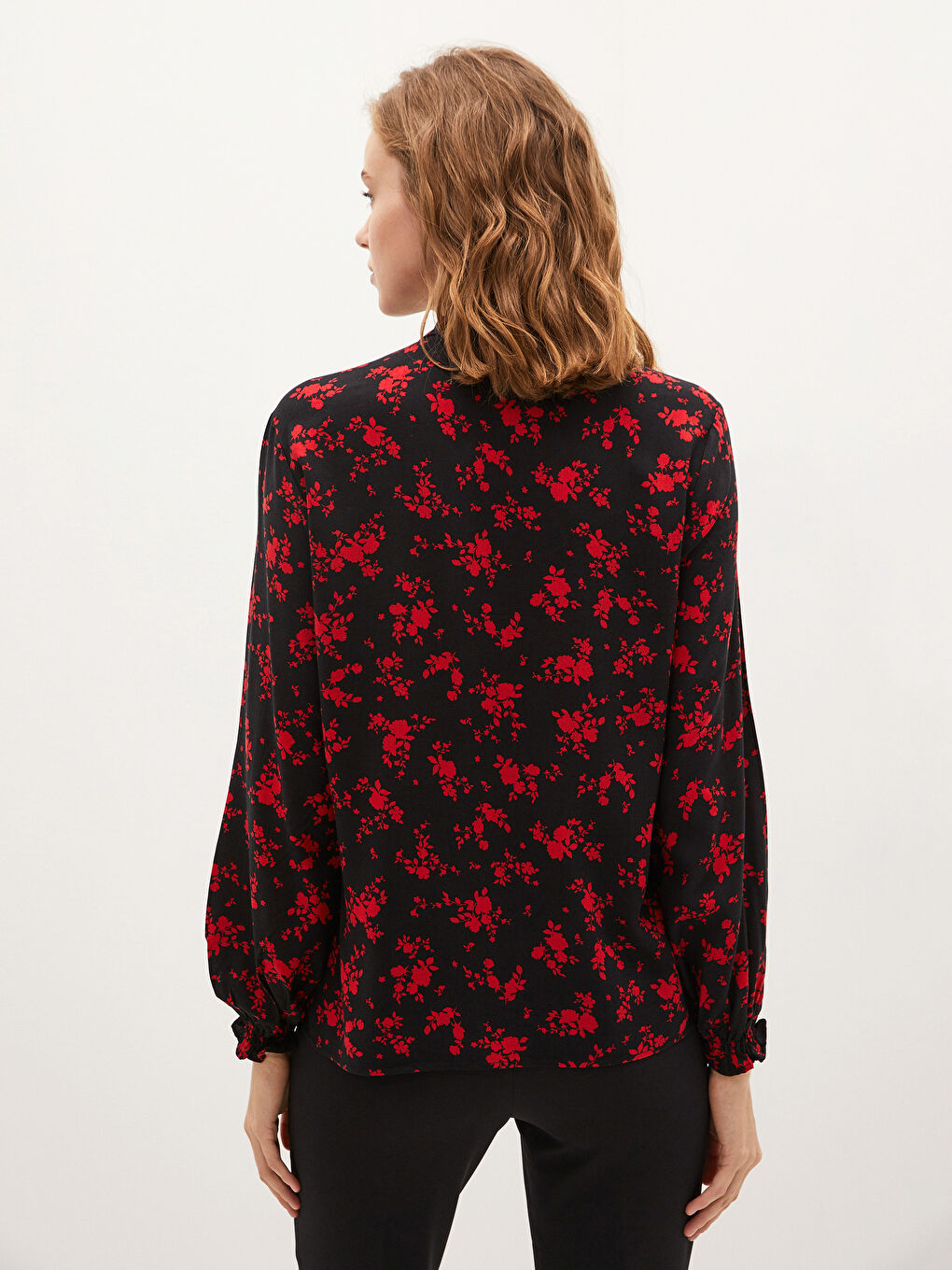 Tie Neck Patterned Long Sleeve Viscose Women's Blouse-3