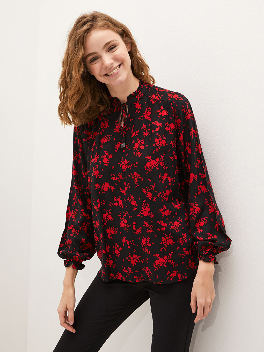 Tie Neck Patterned Long Sleeve Viscose Women's Blouse-4