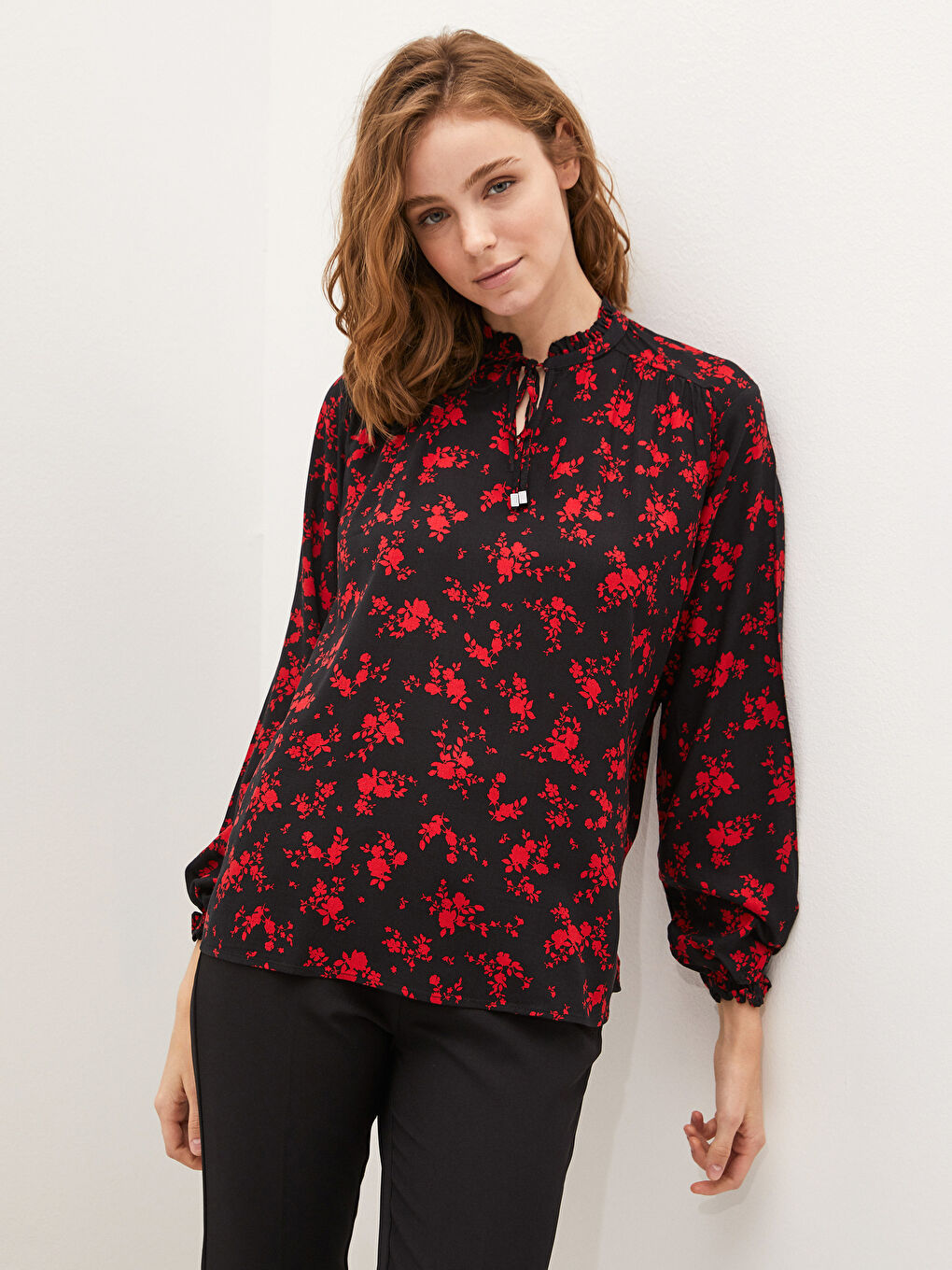 Tie Neck Patterned Long Sleeve Viscose Women's Blouse