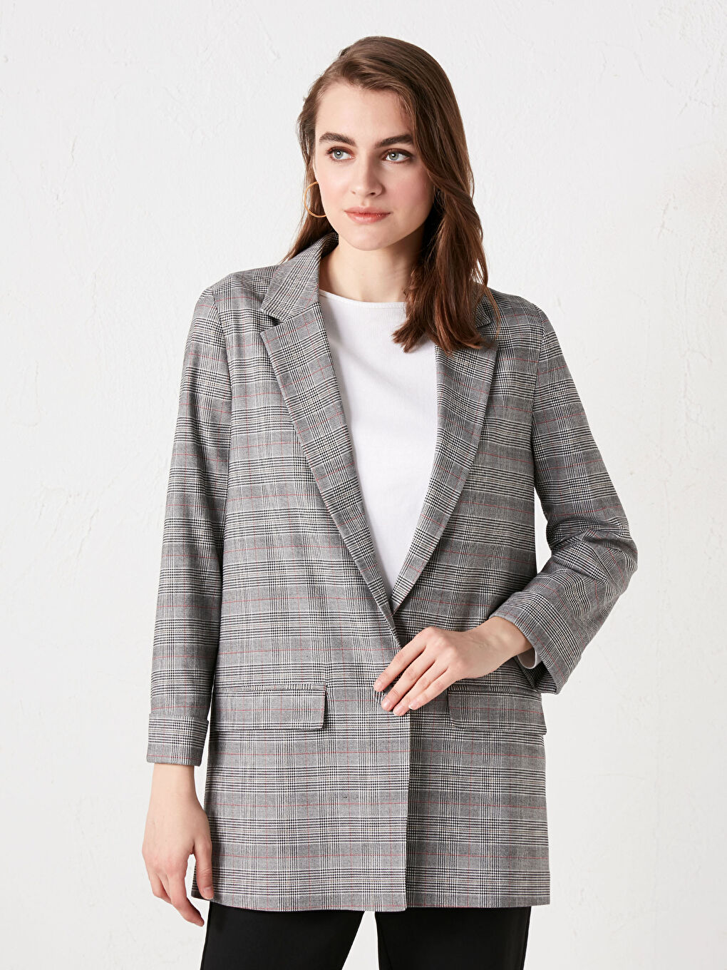 Gri Düğme Detaylı Ekose Blazer Kadın Ceket-6