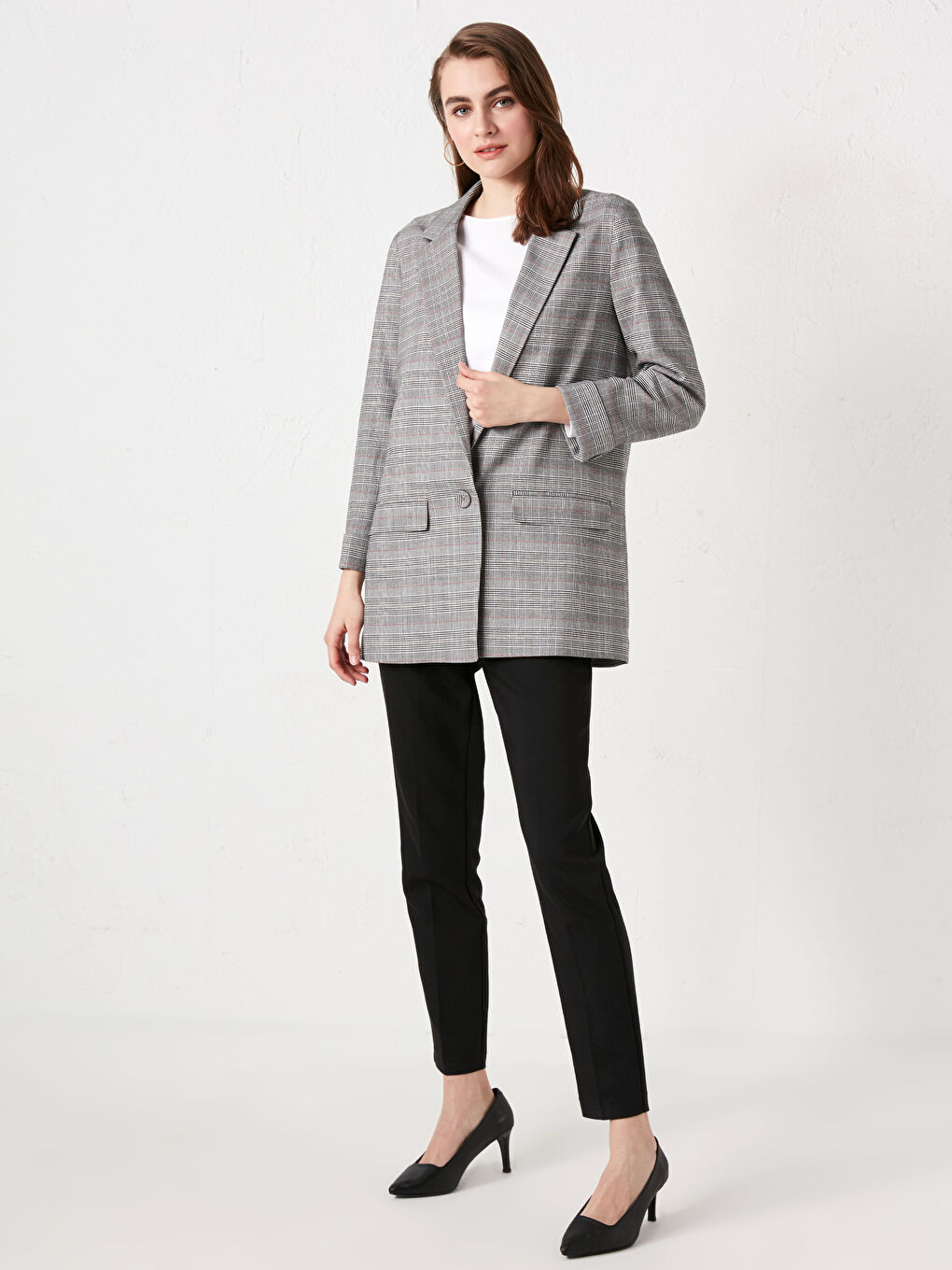 Gri Düğme Detaylı Ekose Blazer Kadın Ceket-8