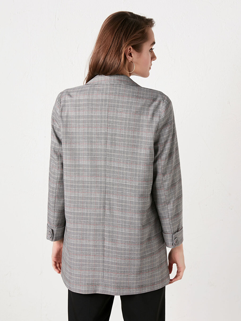 Gri Düğme Detaylı Ekose Blazer Kadın Ceket-9